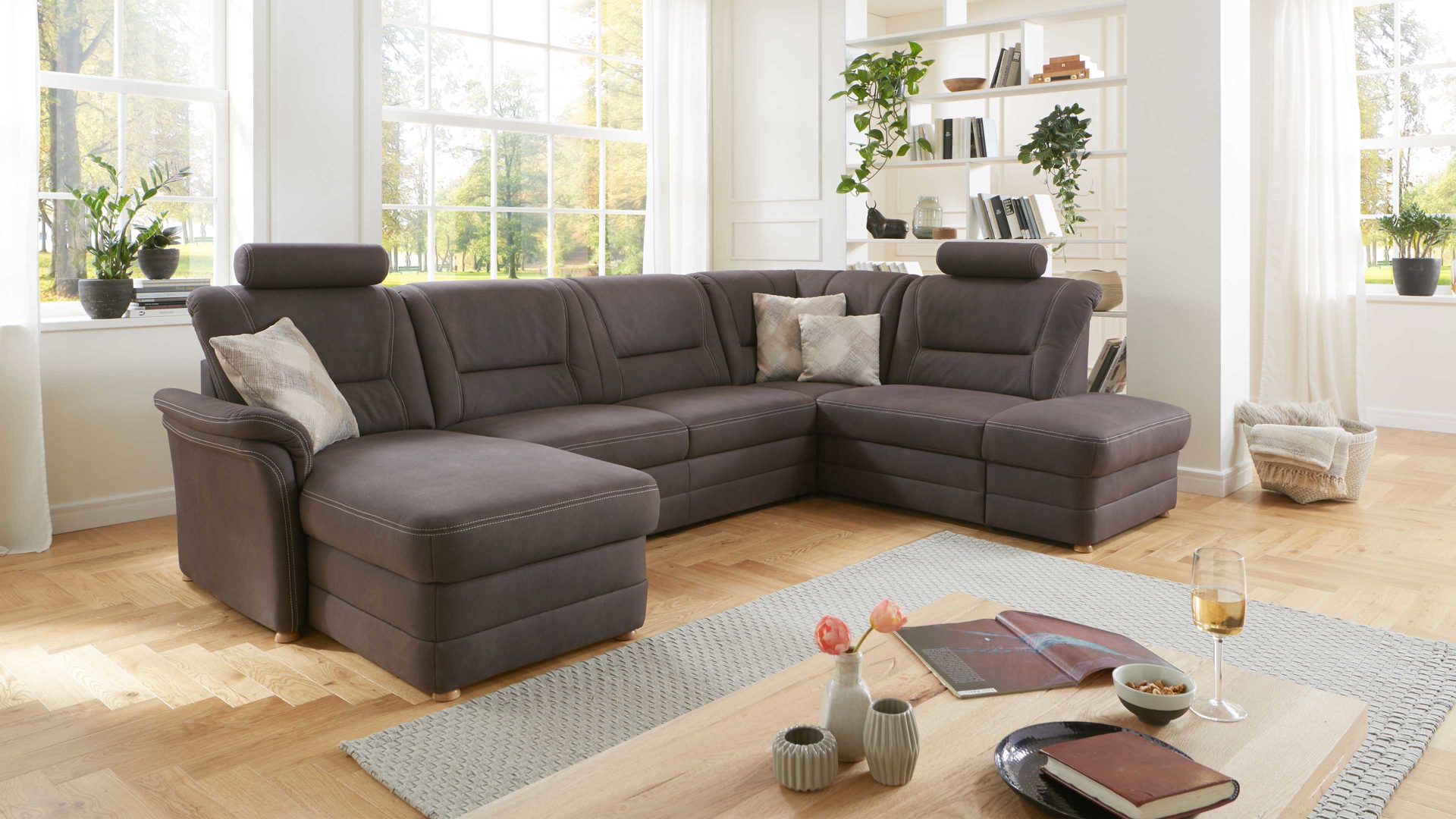 Ecksofa modulmaster aus Stoff in Dunkelbraun Modulmaster MM-PP1067 - Wohnlandschaft schokobraune Mikrofaser Mammut & Eichenholzfüße – Stellfläche ca. 327 x 218 cm