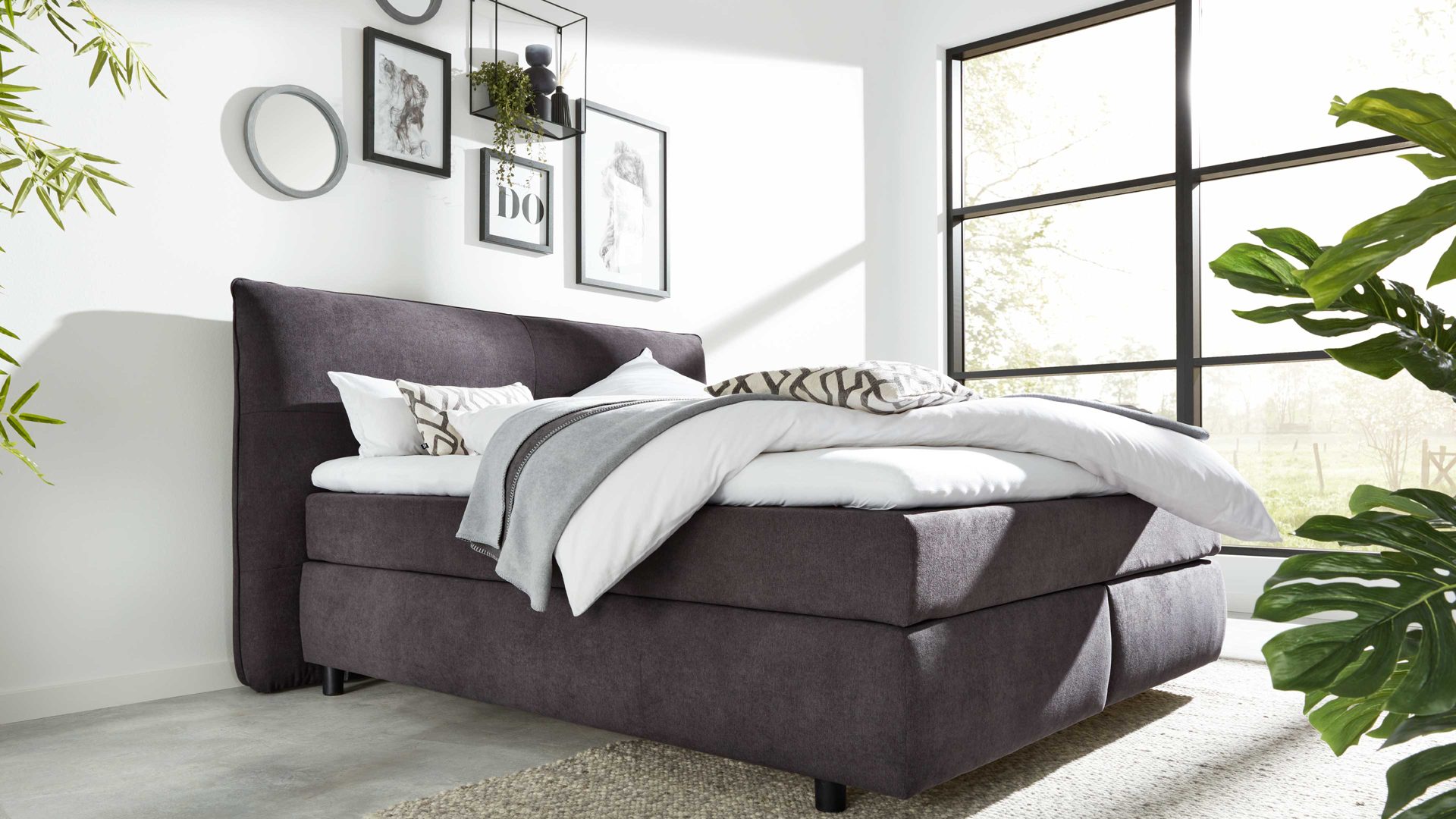 Boxspringbett Interliving aus Stoff in Dunkelgrau Interliving Bettsystem Serie 1414 - Boxspringbett dunkelgrauer Stoffbezug ENF 09 - Liegefläche ca. 180 x 200 cm