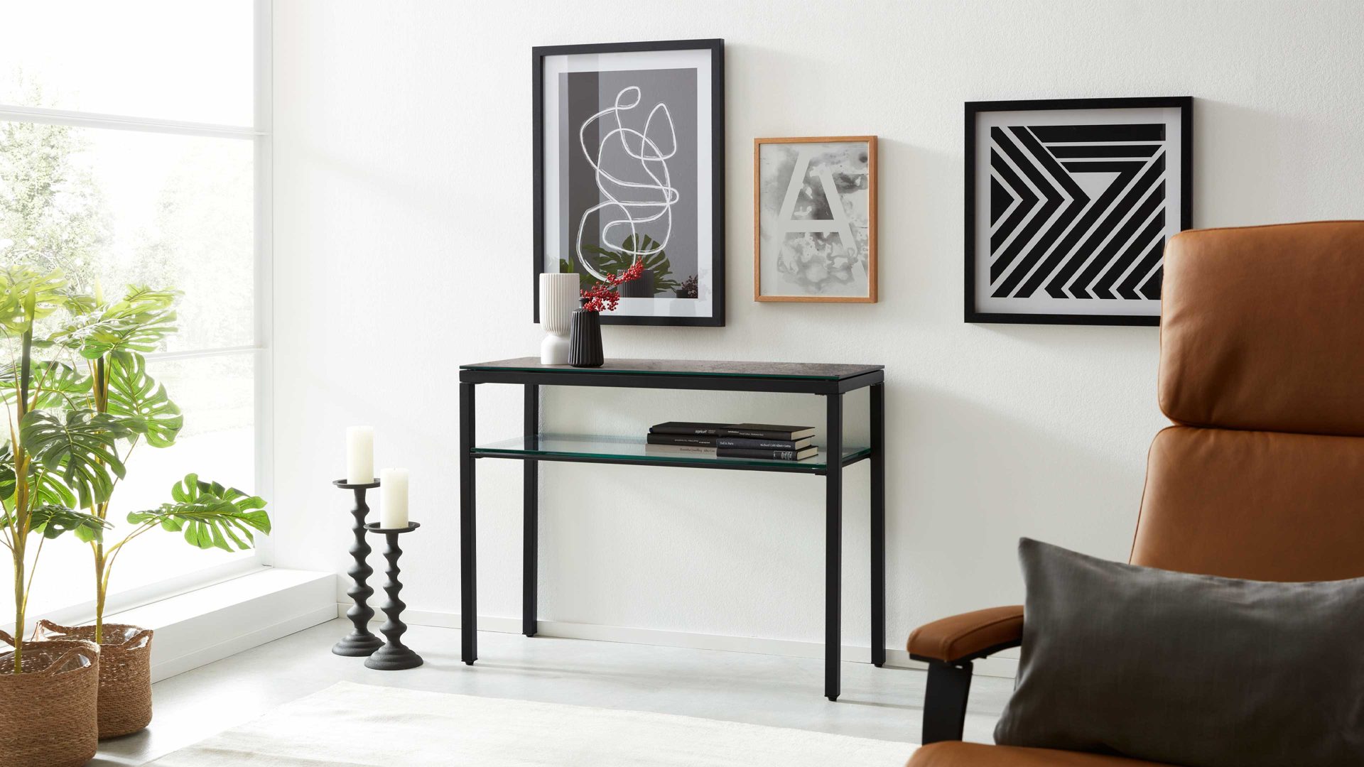 Konsoltisch Interliving aus Keramik in Grau Interliving Couchtisch Serie 6210 - Konsoltisch zementgraue Keramik & schwarzer Stahl - ca. 100 x 38 cm