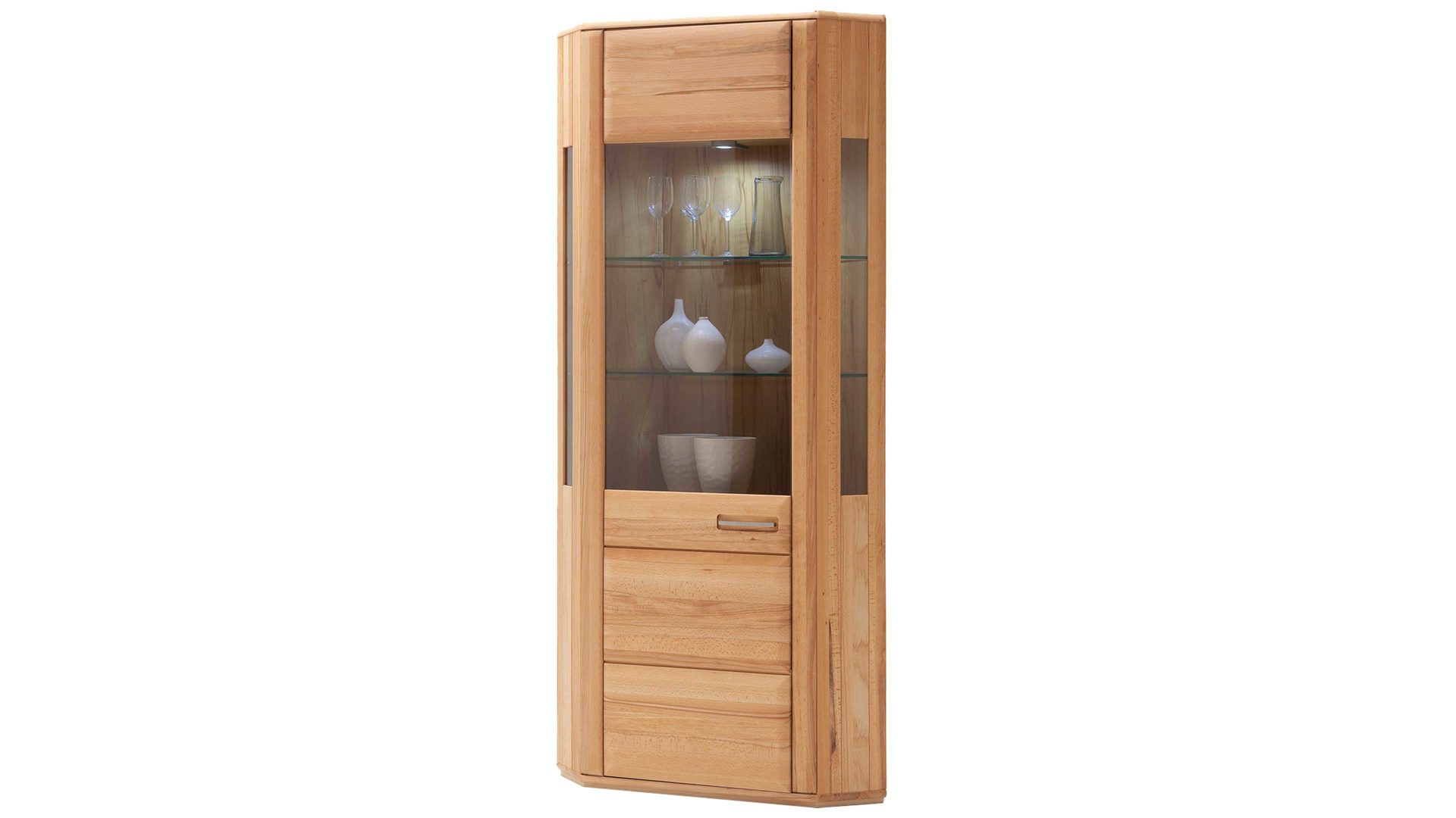 Vitrine Mca direkt aus Holz in Holzfarben Wohnprogramm Sena - Eckvitrine als Wohnzimmermöbel geölte Kernbuche – eine Tür