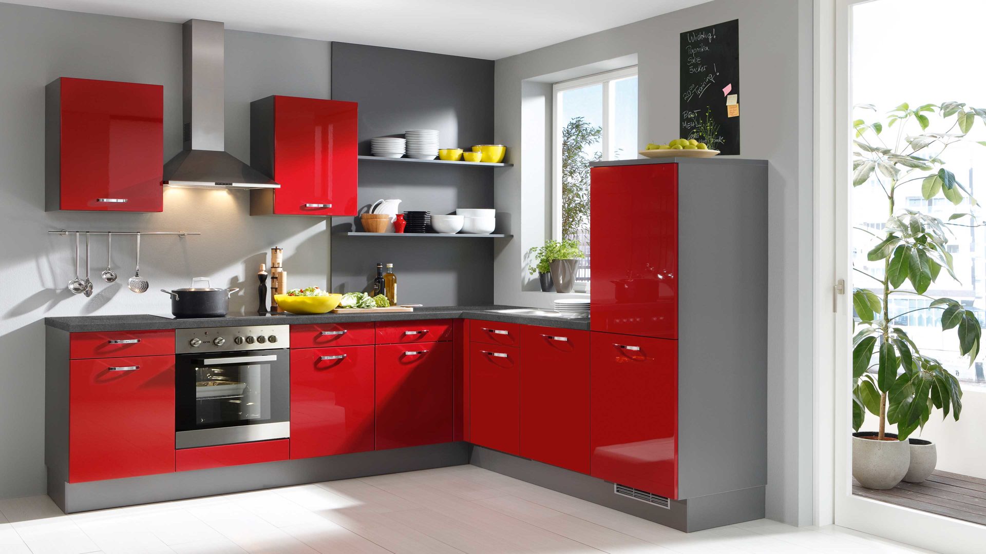 Einbauküche Pino küchen aus Holz in Rot pino Einbauküche inklusive Einbaugeräte Rot & Edelstahl - Stellfläche ca. 275 x 235 cm