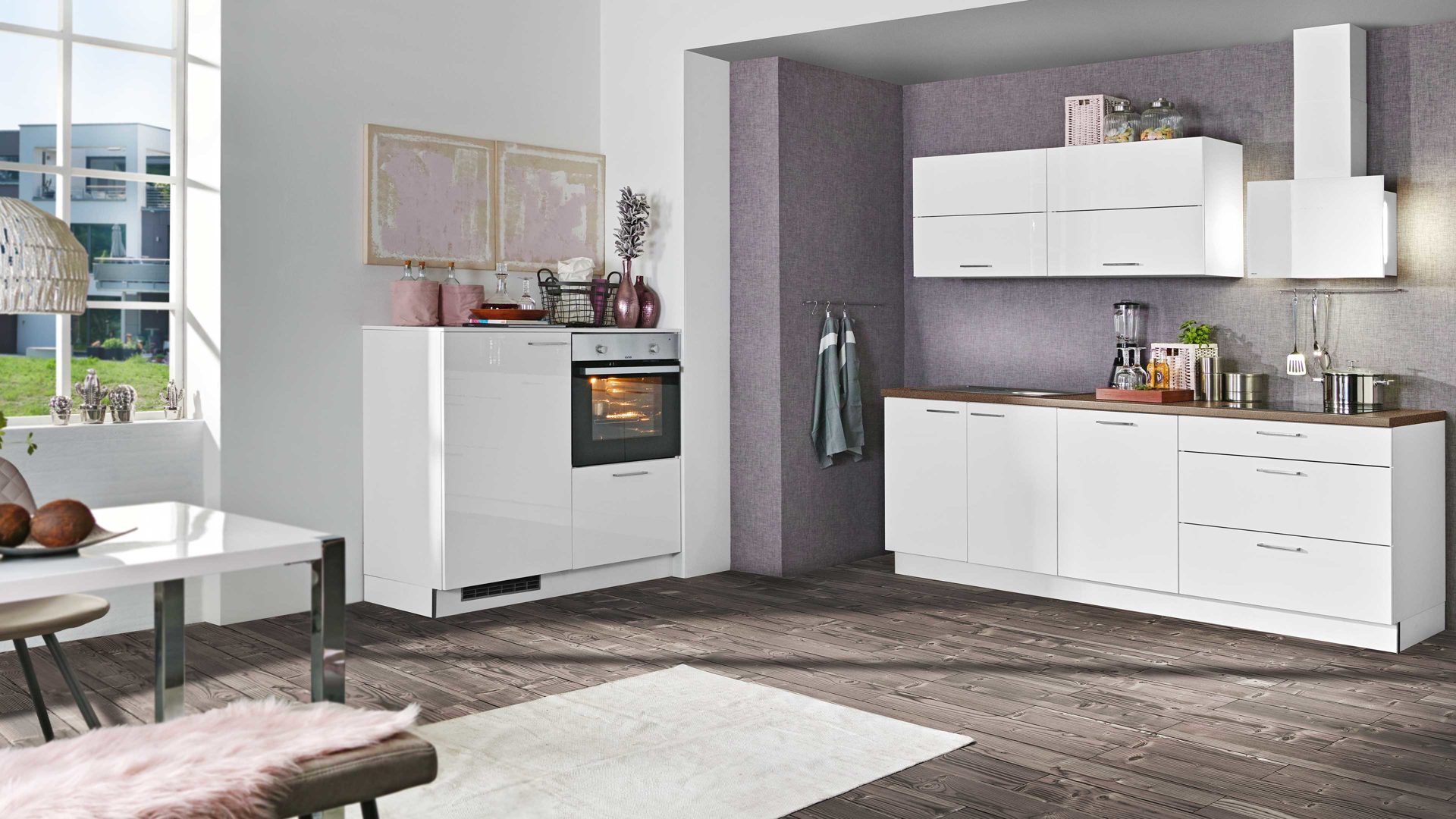 Einbauküche Express küchen aus Holz in Metallfarben EXPRESS KÜCHEN Einbauküche Star mit IGNIS-Geräten Weiß & Kupfer - zweizeilig