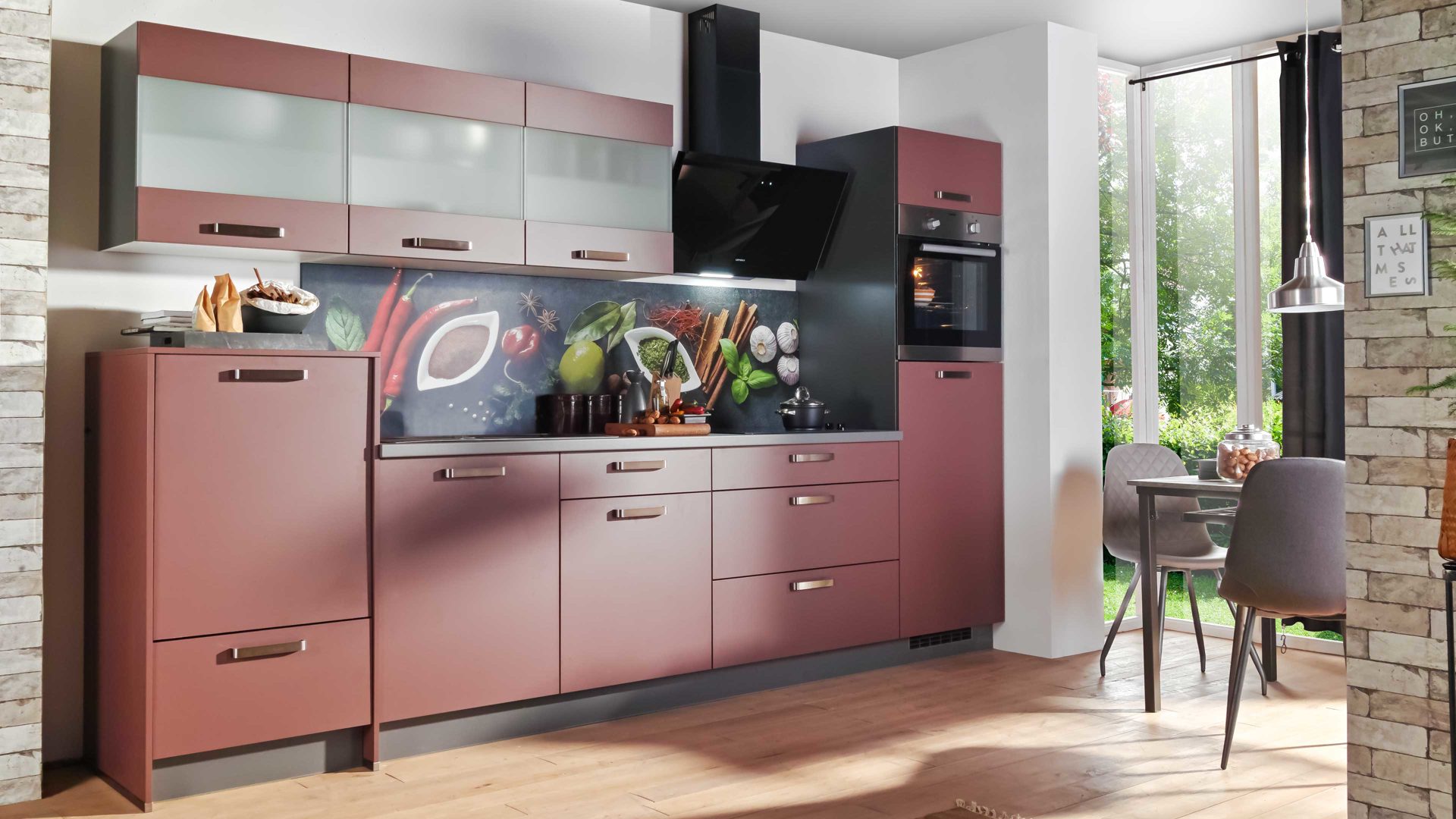 Einbauküche Express küchen aus Holz in Rot EXPRESS KÜCHEN Einbauküche Win mit Geräten Karminrot & Anthrazit - Länge ca. 333 cm