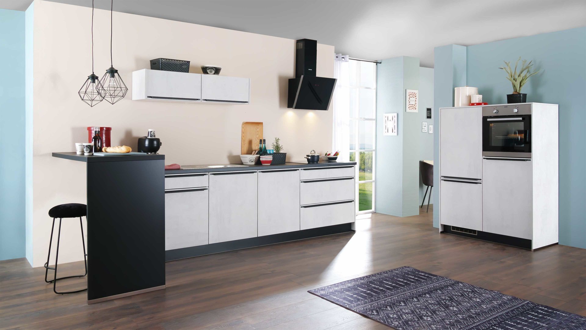 Einbauküche Express küchen aus Holz in Weiß EXPRESS KÜCHEN Einbauküche Base mit Geräten Beton steinweiß & Schwarz - dreizeilig