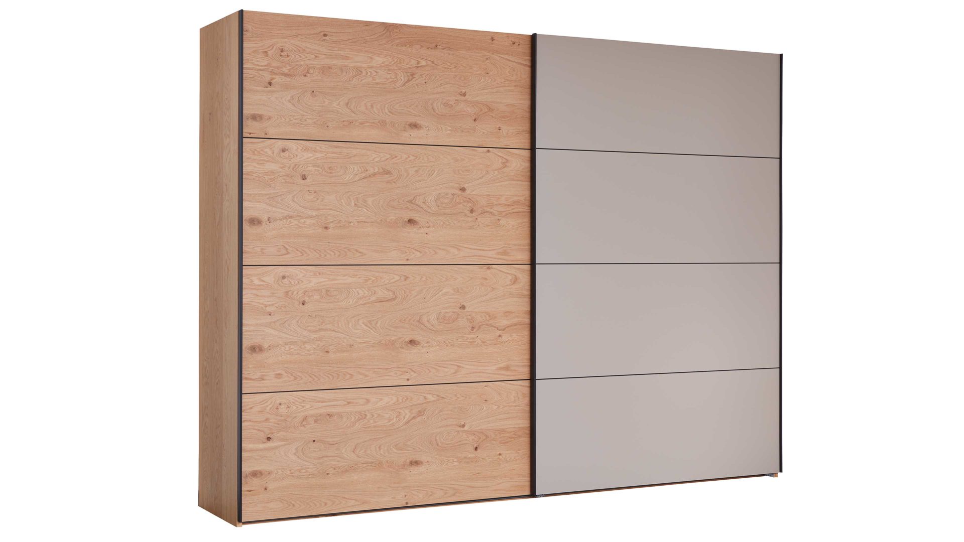 Kleiderschrank Interliving aus Holz in Grau Interliving Schlafzimmer Serie 1024 – Schwebetürenschrank Design 28,  Taupe & Balkeneiche - zwei Türen, Breite ca. 301 cm