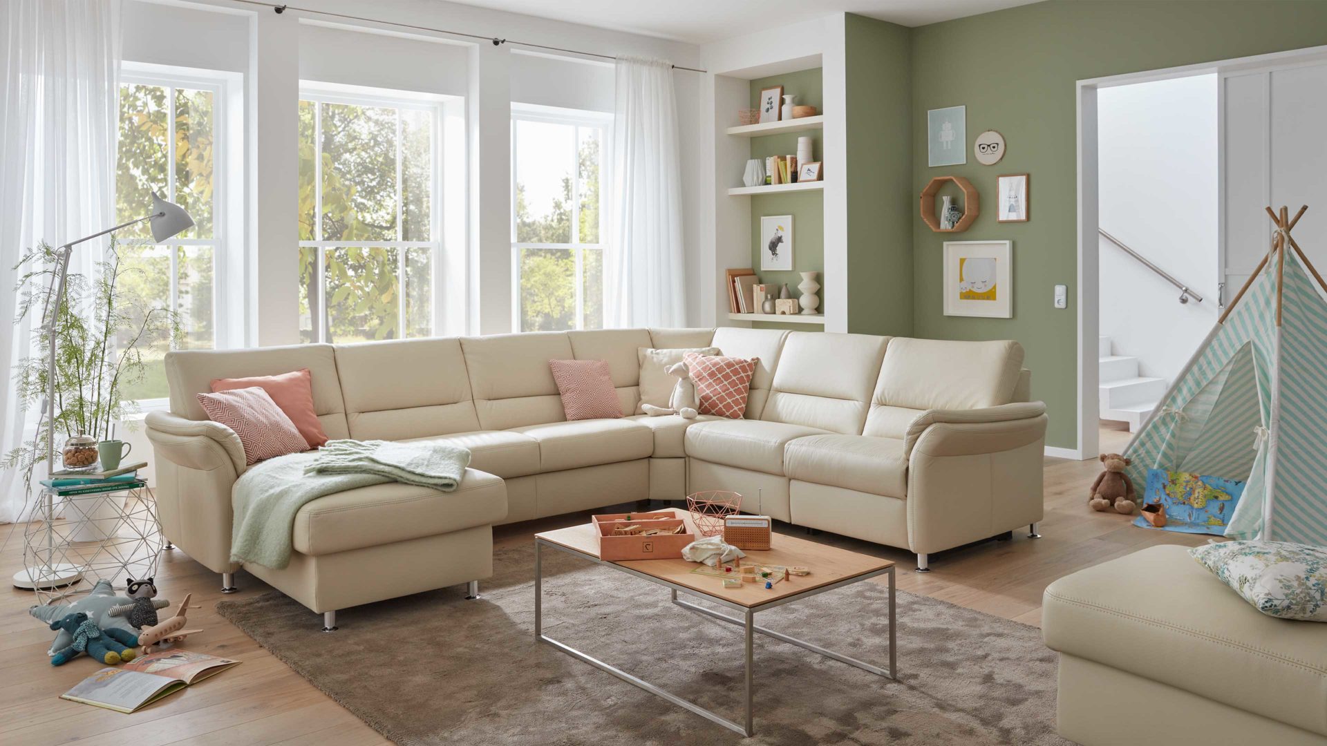 Ecksofa modulmaster aus Leder in Beige Modulmaster MM-PN1049 - Wohnlandschaft ecrufarbenes Leder Torro – Stellfläche ca. 335 x 262 cm