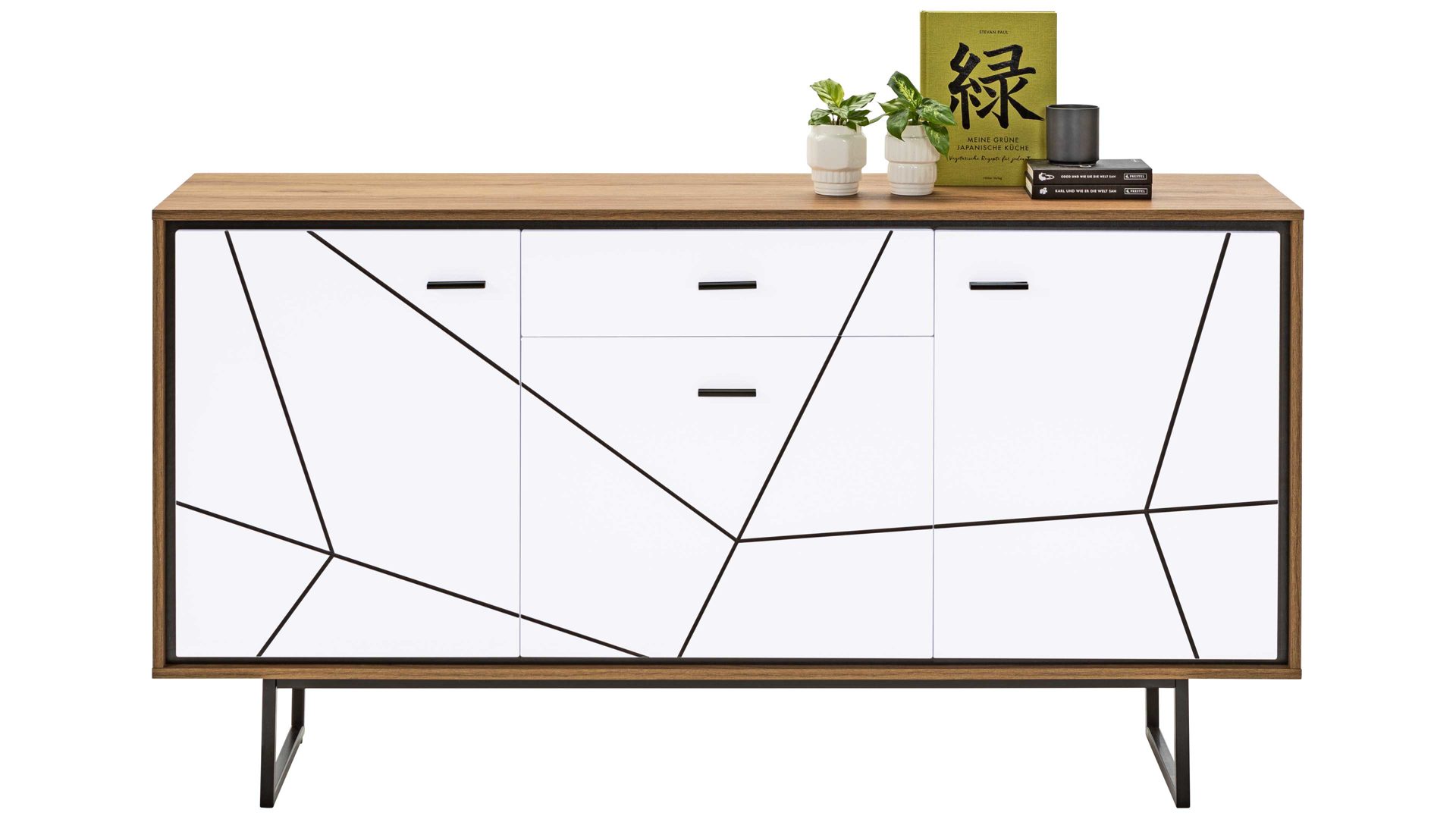 Sideboard Wojcik aus Holz in Weiß Sideboard Brolo Weiß, Catania Eiche & Schwarz - drei Türen, eine Schublade, Breite ca. 167 cm