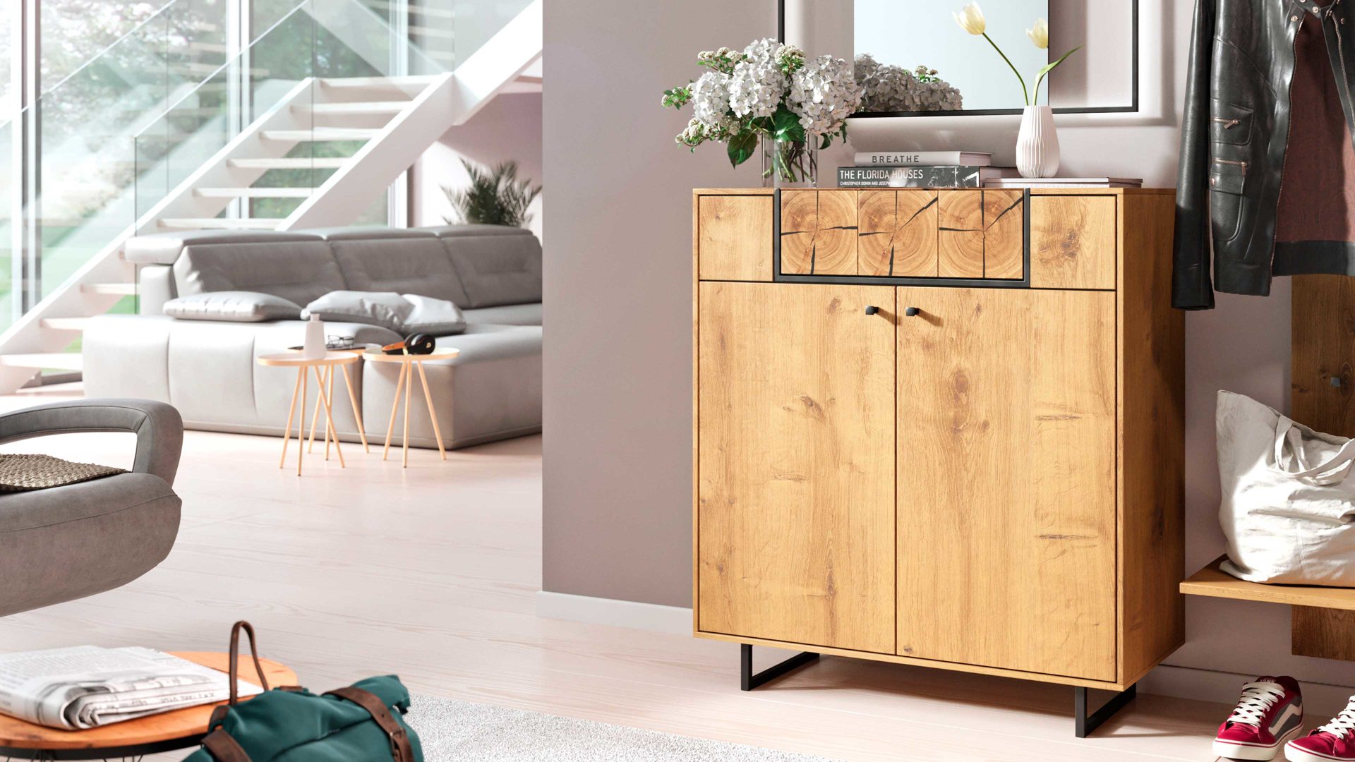 Highboard Interliving aus Holz in Holzfarben Interliving Garderoben Serie 6006 – Highboard 621803 Asteiche, Hirnholz & Schieferschwarz – zwei Türen, eine Klappe