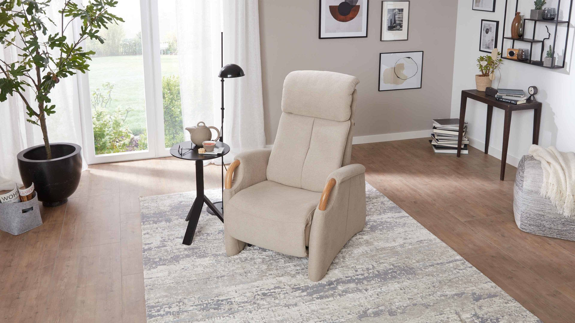 Relaxsessel comfortmaster besser sitzen, liegen, leben aus Stoff in Beige Comfortmaster CM-HU1157 - Relaxsessel B ecrufarbener Bezug Kira & Eiche bianco - Ergonomie piccolo