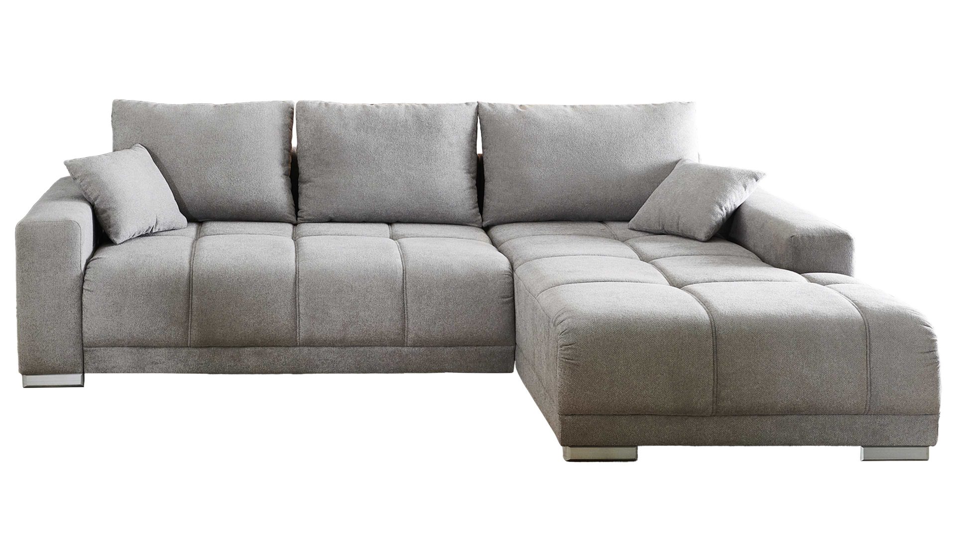 Ecksofa Iwaniccy aus Stoff in Hellgrau Ecksofa mit Schlaffunktion hellgrauer Bezug Camaro 08 & silberfarbene Füße - Stellfläche ca. 269 x 190 cm