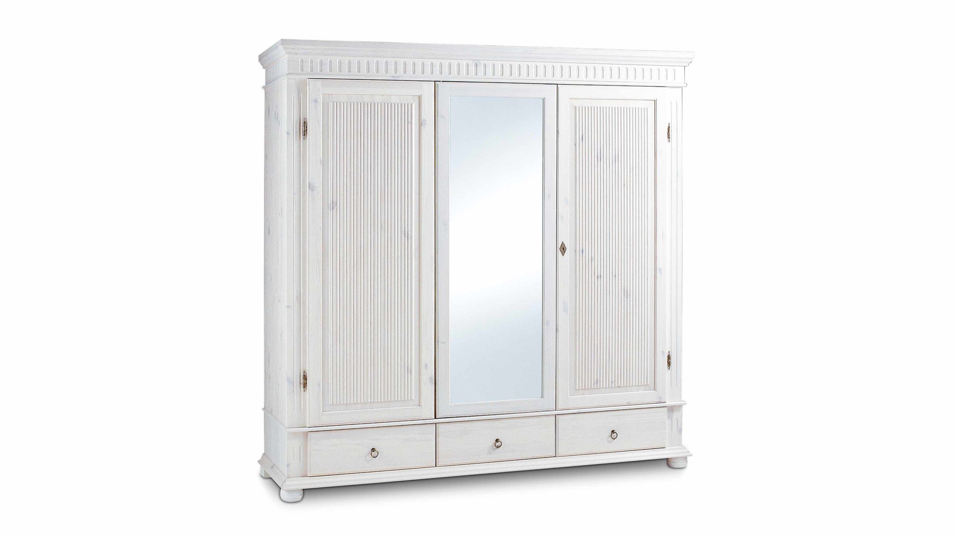 Kleiderschrank Euro diffusion aus Holz in Weiß Landhaus-Kleiderschrank, ein Einzelschrank im Landhausstil  weiß lackiertes Kiefernholz - zwei Holztüren, eine Spiegeltür, drei Schubladen