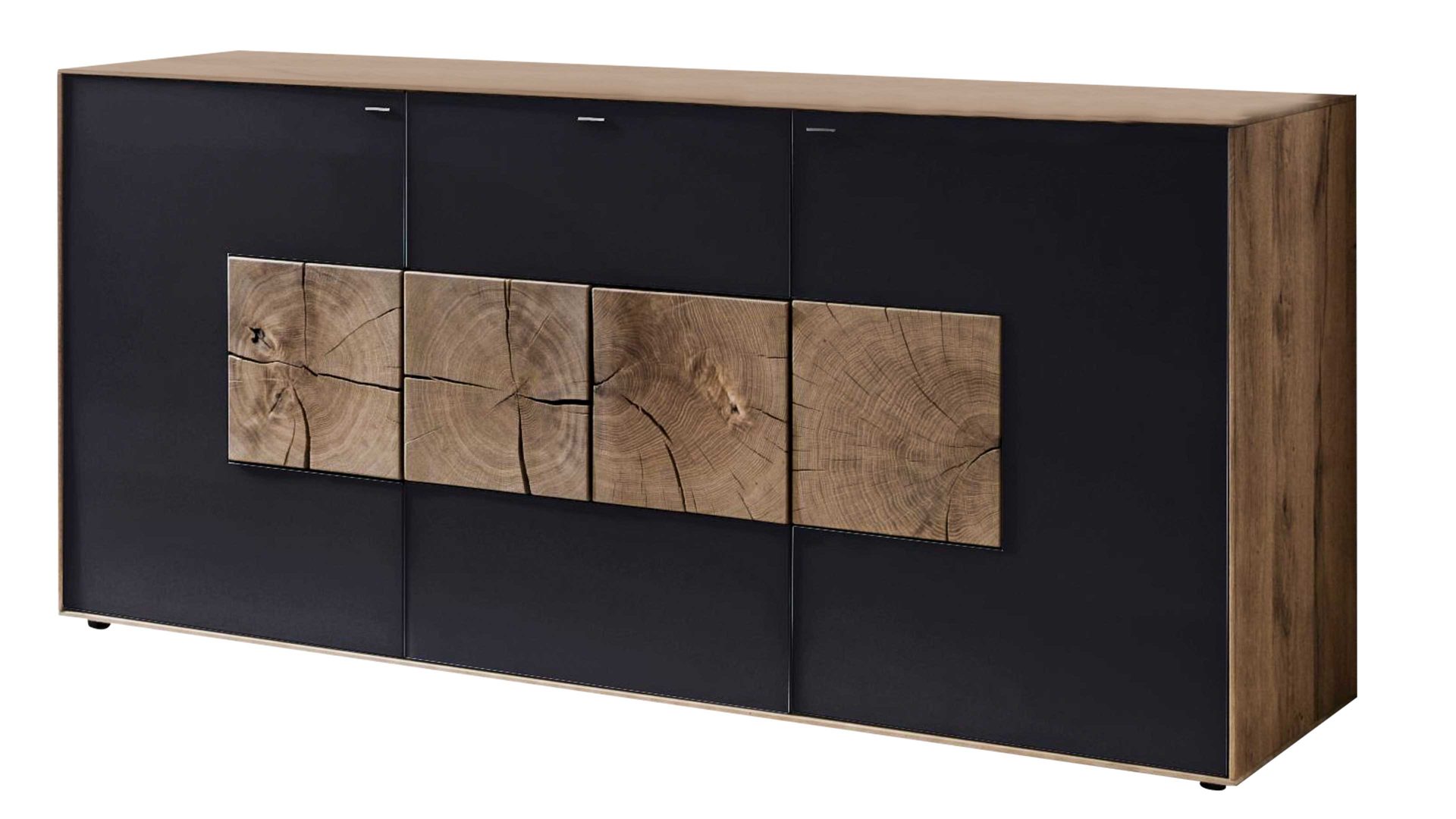 Sideboard Hartmann aus Holz in Anthrazit hartmann Serie Caya - Sideboard als Massivholzmöbel anthrazitfarbenes Mattglas & Kerneiche – drei Türen, eine Schublade