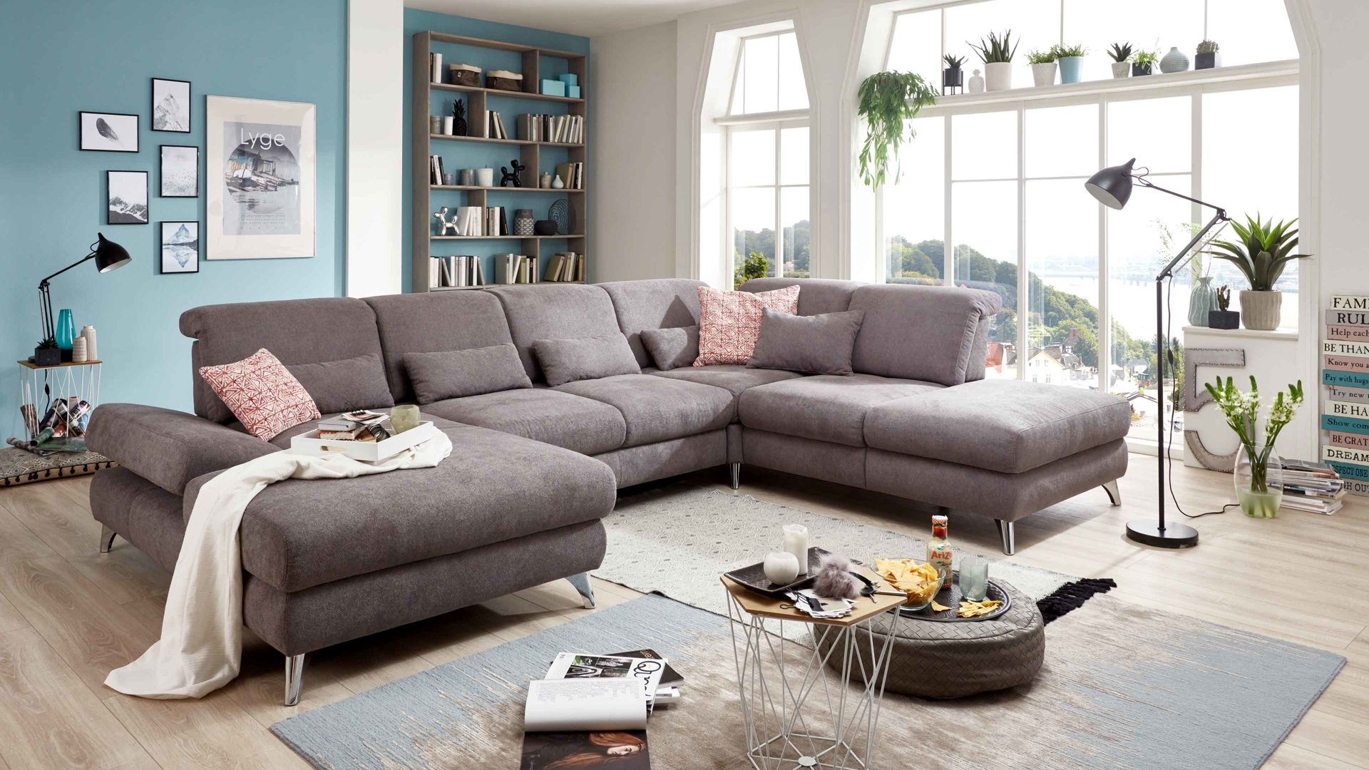 Ecksofa KAWOO aus Stoff in Grau KAWOO Polsterprogramm Torino - Wohnlandschaft graues Flachgewebe Kati 20477 & Chromfüße – Stellfläche ca. 358 x 250 cm