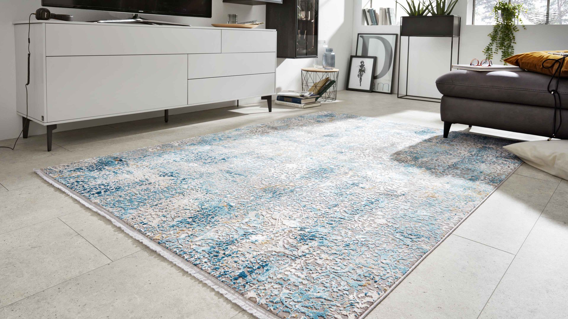 Webteppich Interliving aus Mischgewebe in Blau Interliving Teppich Serie L-8700 Grau-Blau – ca. 67 x 130 cm