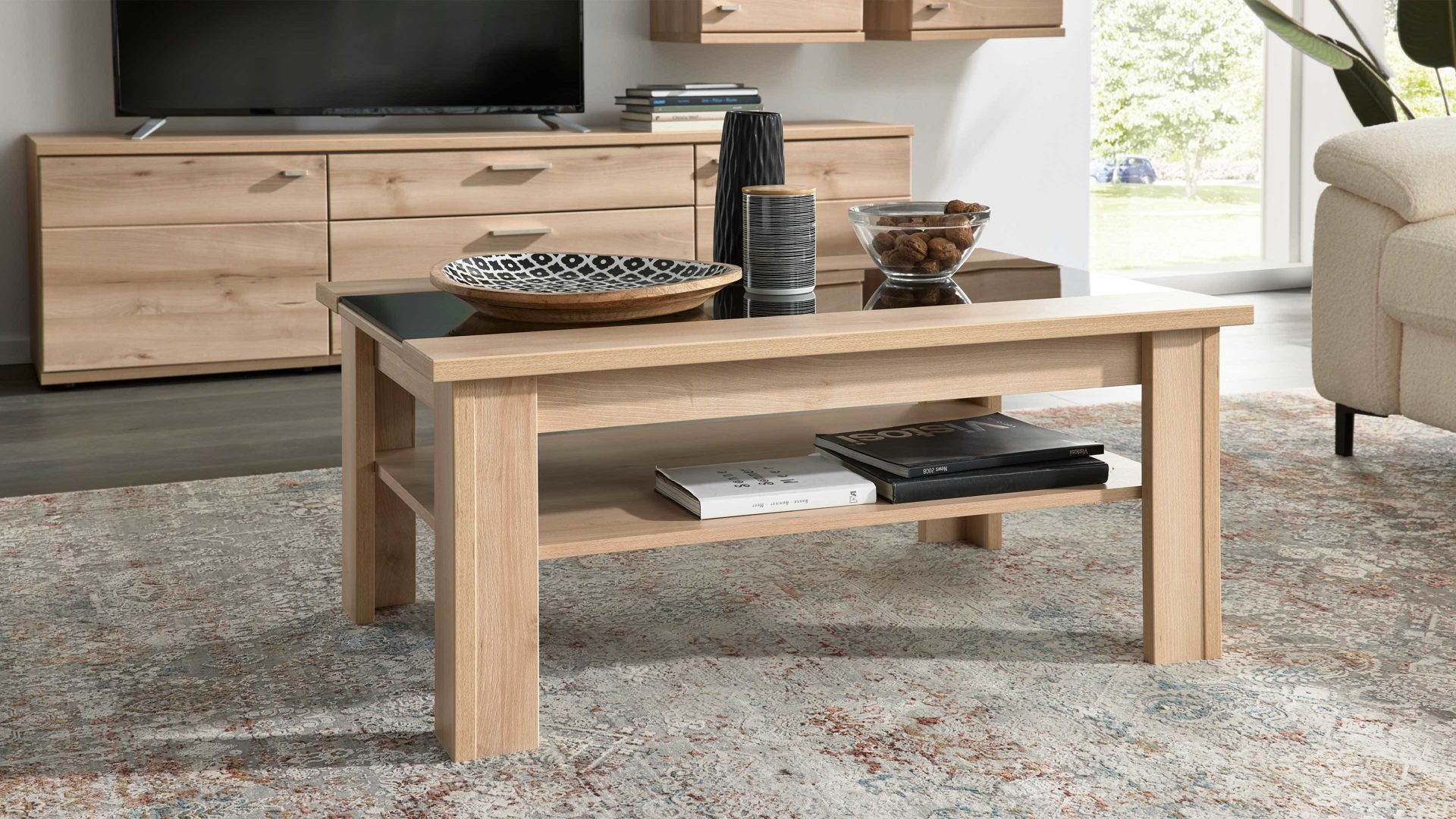 Couchtisch Interliving aus Holz in Grau Interliving Wohnzimmer Serie 2110 - Couchtisch graues Glas & Naturbuche - ca. 105 x 70 cm