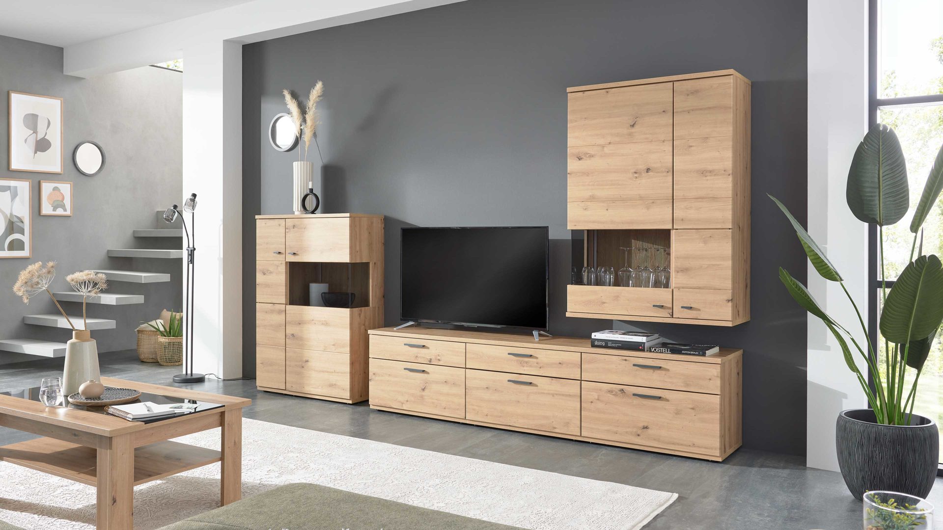 Wohnwand Interliving aus Holz in Holzfarben Interliving Wohnzimmer Serie 2110 - Wohnwand Alteiche - fünfteilig, Breite ca. 345 cm