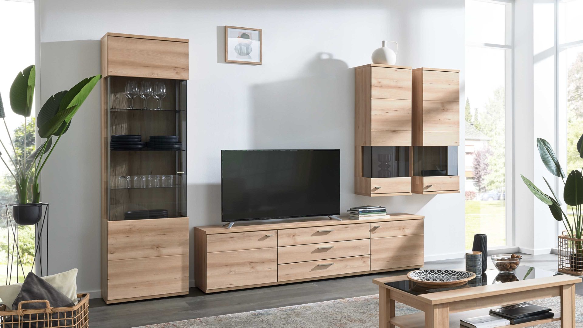 Wohnwand Interliving aus Holz in Holzfarben Hell Interliving Wohnzimmer Serie 2110 - Wohnwand Naturbuche - sechsteilig, Breite ca. 315 cm