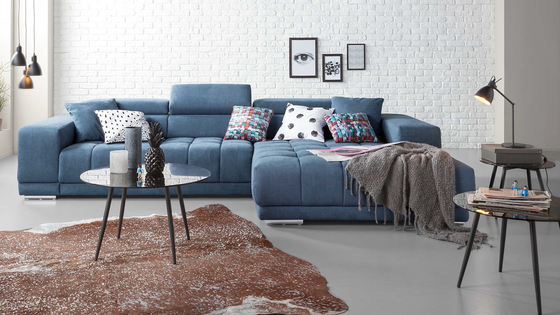 Ecksofa KAWOO aus Stoff in Blau KAWOO Polsterserie VS-MP1038 - Ecksofa bzw. Loungemöbel navyblauer Bezug Side & Metallfüße – Stellfläche ca. 303 x 190 cm