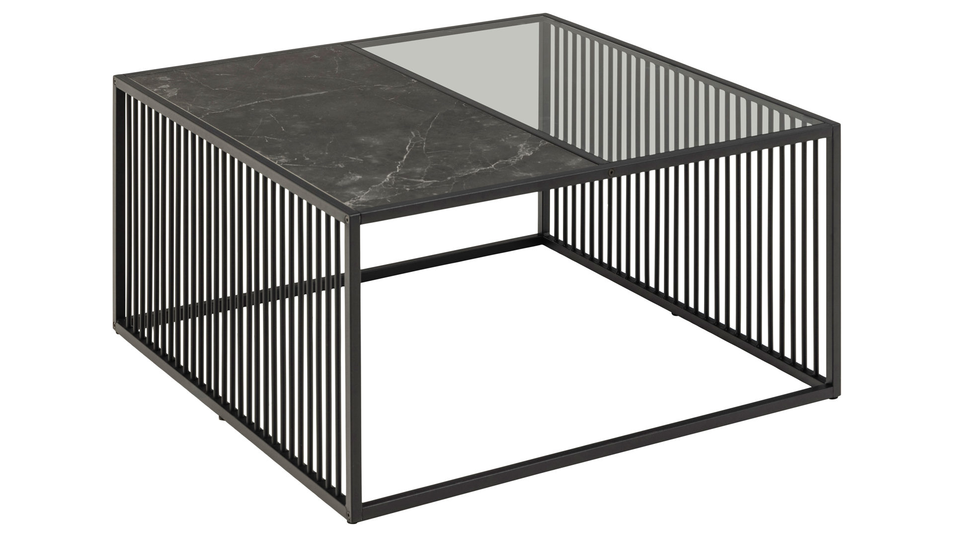 Couchtisch Actona group aus MDF in Schwarz Couchtisch Strington rauchfarbenes Glas & schwarze Marmoroptik, schwarzes Metallgestell - ca. 80 x 80 cm