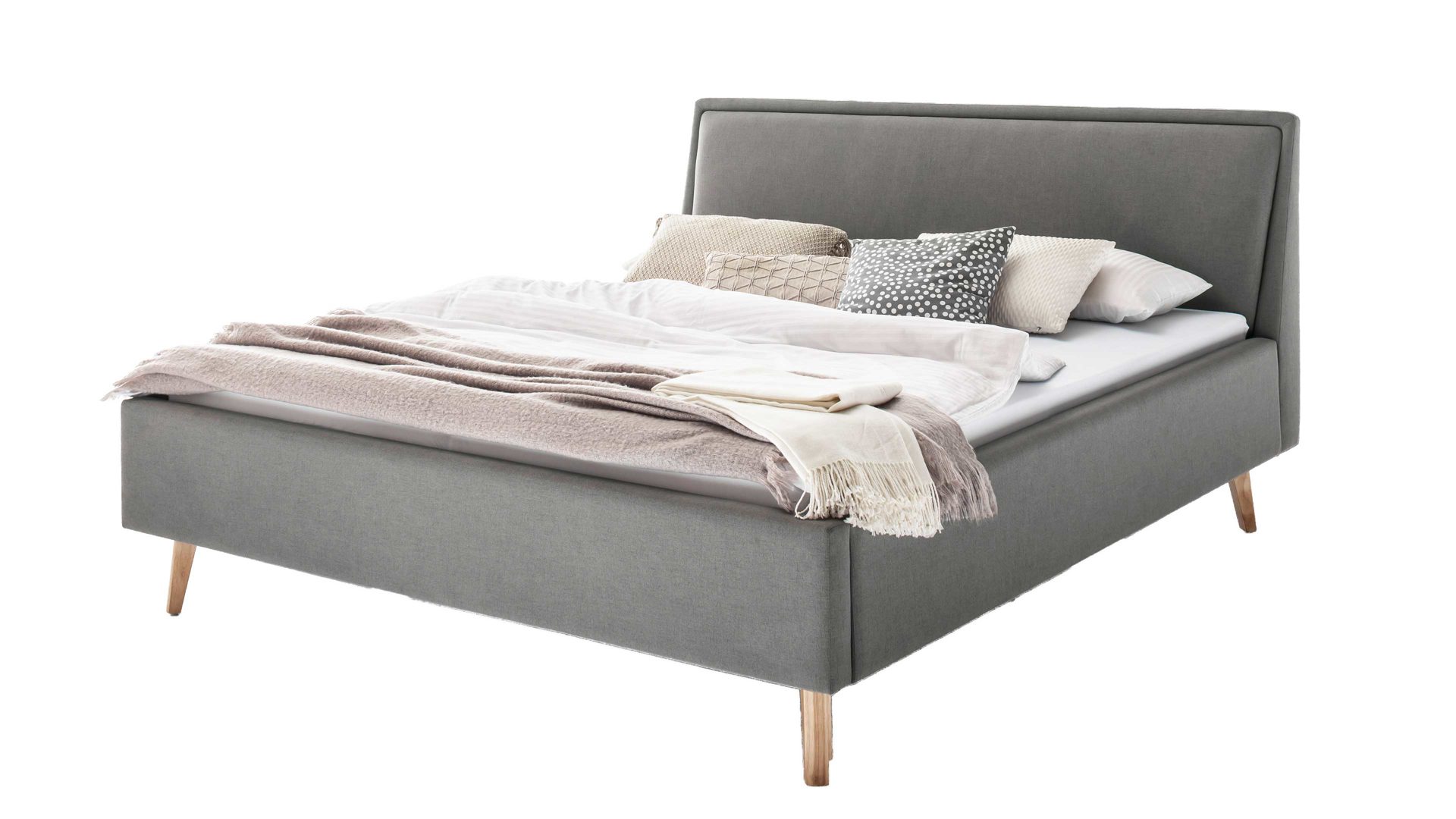 Bettgestell Meise.möbel aus Stoff in Hellgrau Polsterbettgestell Frieda mit Bettkasten hellgrauer Bezug Sawana 21 & eichefarbene Holzfüße - Liegefläche ca. 140 x 200 cm