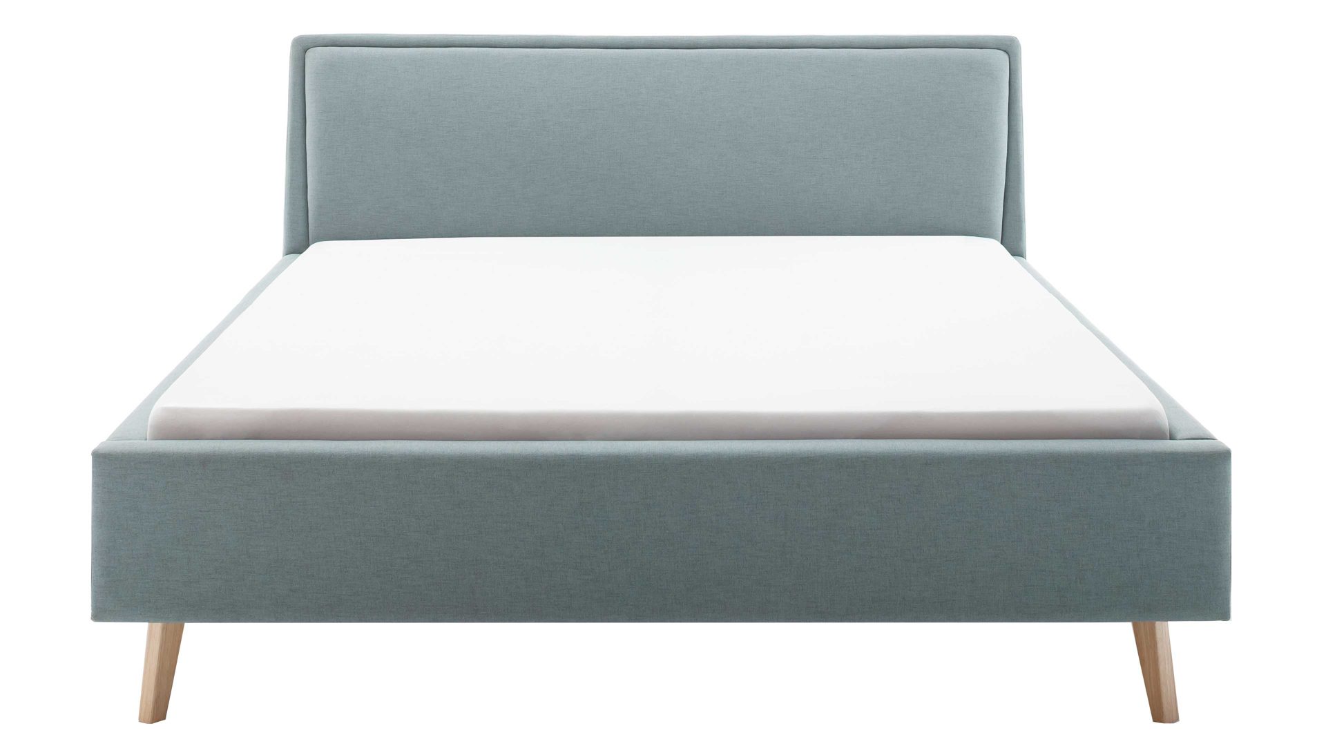 Bettgestell Meise.möbel aus Stoff in Blau Polsterbettgestell Frieda eisblauer Bezug Sawana 72 & eichefarbene Holzfüße - Liegefläche ca. 140 x 200 cm