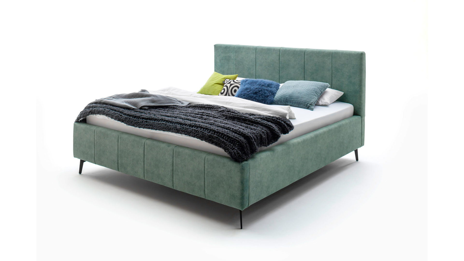 Polsterbett Meise.möbel aus Stoff in Grün Polsterbettgestell Lizzano mit Bettkasten grüner Samtbezug Cloud 33 & Metallfüße  - Liegefläche ca. 180 x 200 cm