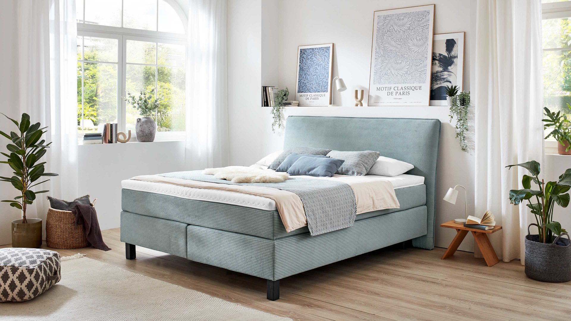 Boxspringbett comfortmaster besser sitzen, liegen, leben aus Stoff in Hellblau Comfortmaster Boxspringbett Velluto aquafarbener Cordbezug 143 - Liegefläche ca. 180 x 200 cm