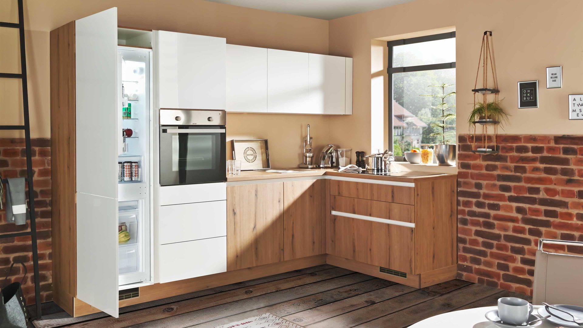 Einbauküche Express küchen aus Holz in Weiß EXPRESS KÜCHEN Einbauküche Star mit Einbaugeräten Weiß & Eiche astig - Stellfläche ca. 293 x 160 cm