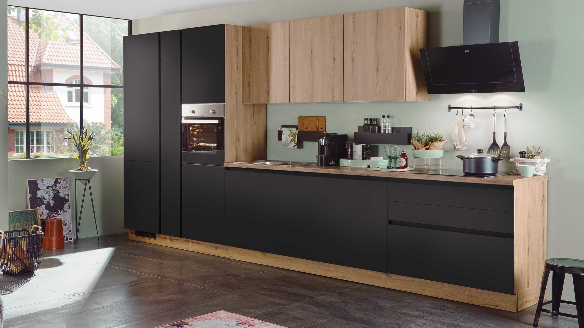 Einbauküche Express küchen aus Holz in Schwarz EXPRESS KÜCHEN Einbauküche Clean mit Einbaugeräten Mattschwarz & Eiche astig - Länge ca. 433 cm