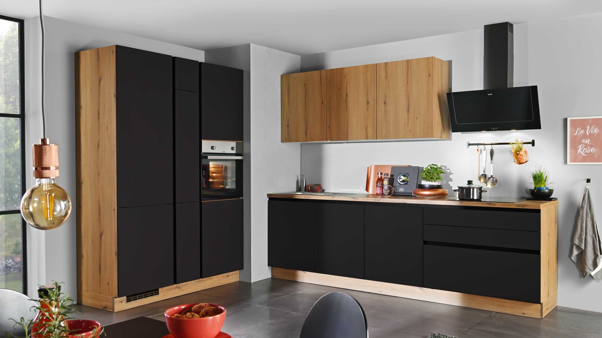 Einbauküche Express küchen aus Holz in Schwarz EXPRESS KÜCHEN Einbauküche Clean mit IGNIS Einbaugeräten Mattschwarz & Eiche astig - Länge ca. 433 cm