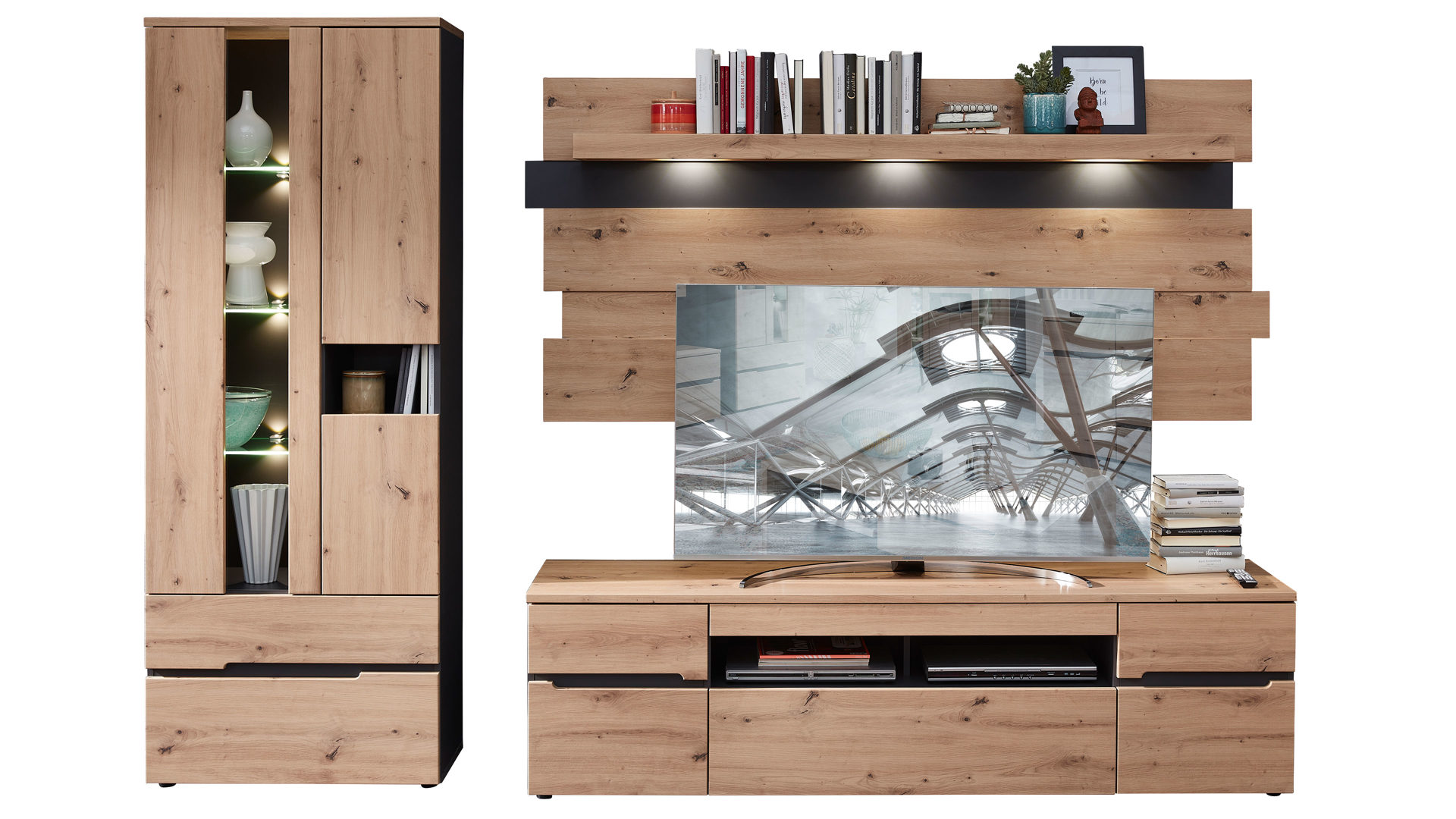 Wohnwand Innostyle aus Holz in Holzfarben Wohnzimmer Serie Memphis - Wohnwand Artisan Eiche & Graphit - dreiteilig