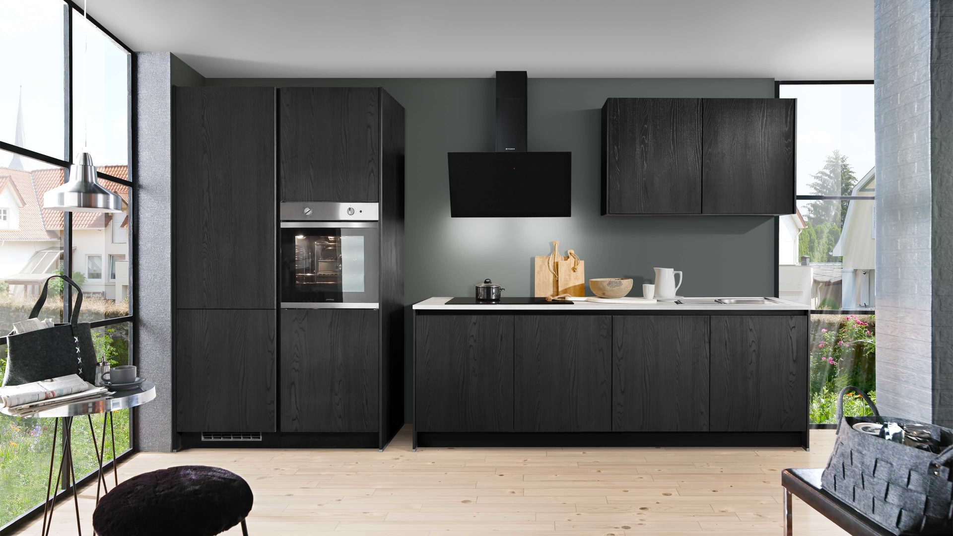 Einbauküche Express küchen aus Holz in Schwarz EXPRESS KÜCHEN Einbauküche Plan mit Geschirrspüler Esche Schwarz - zweizeilig