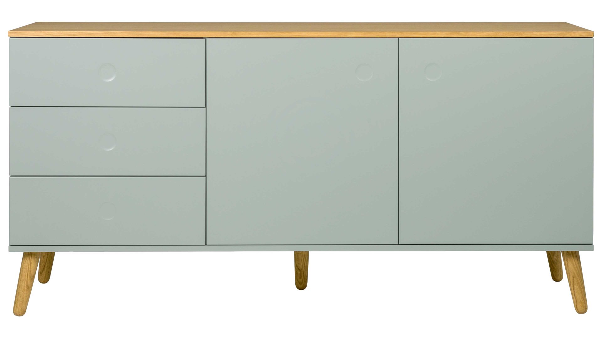 Sideboard Tenzo aus Holz in Pastell Sideboard Dot salbeifarbene Lackfronten & Eichefurnier – drei Schubladen, zwei Türen