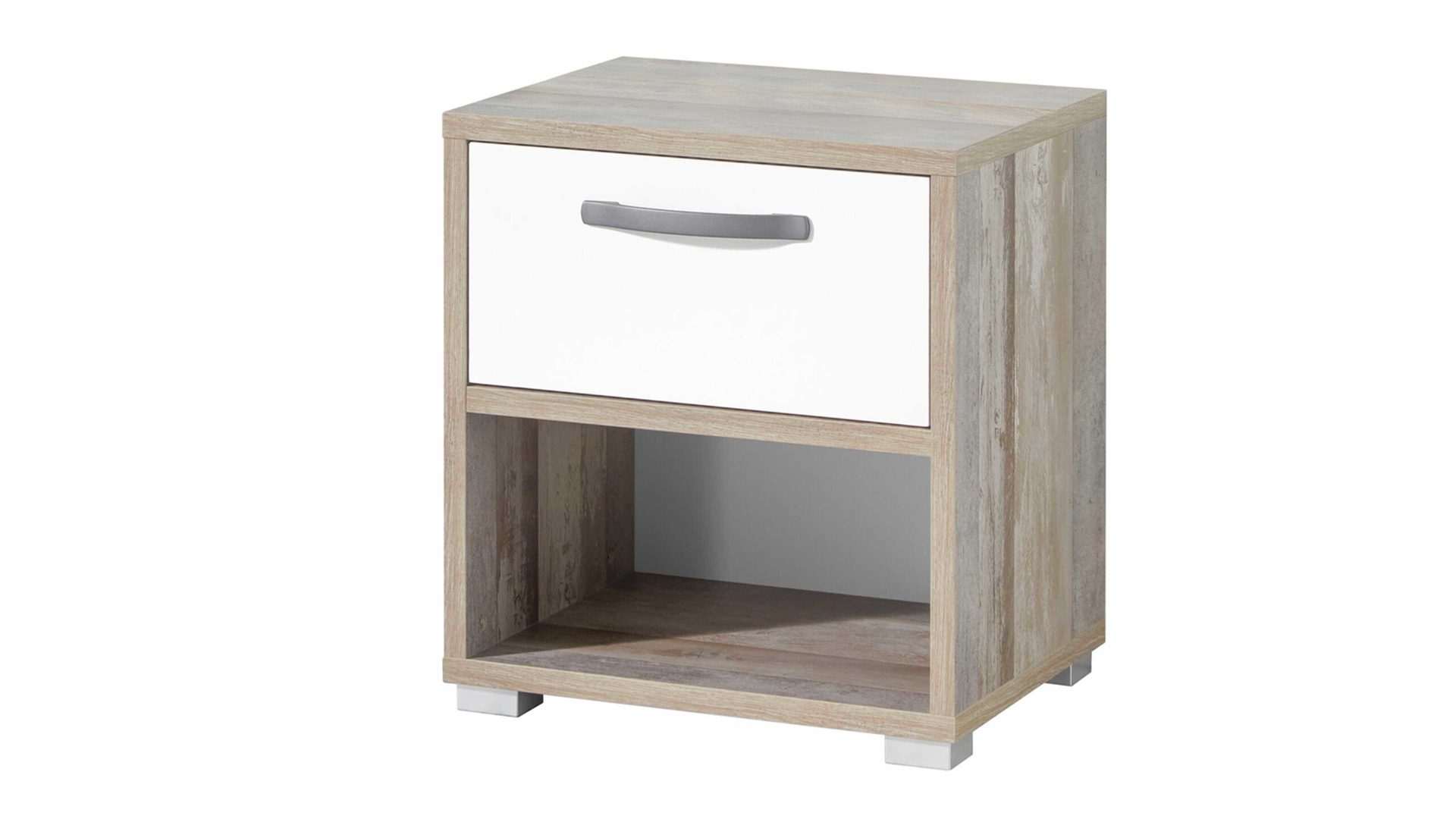 Nachtkommode Begabino aus Holz in Holzfarben Nachtkommode Moon Driftwood & Weiß – eine Schublade