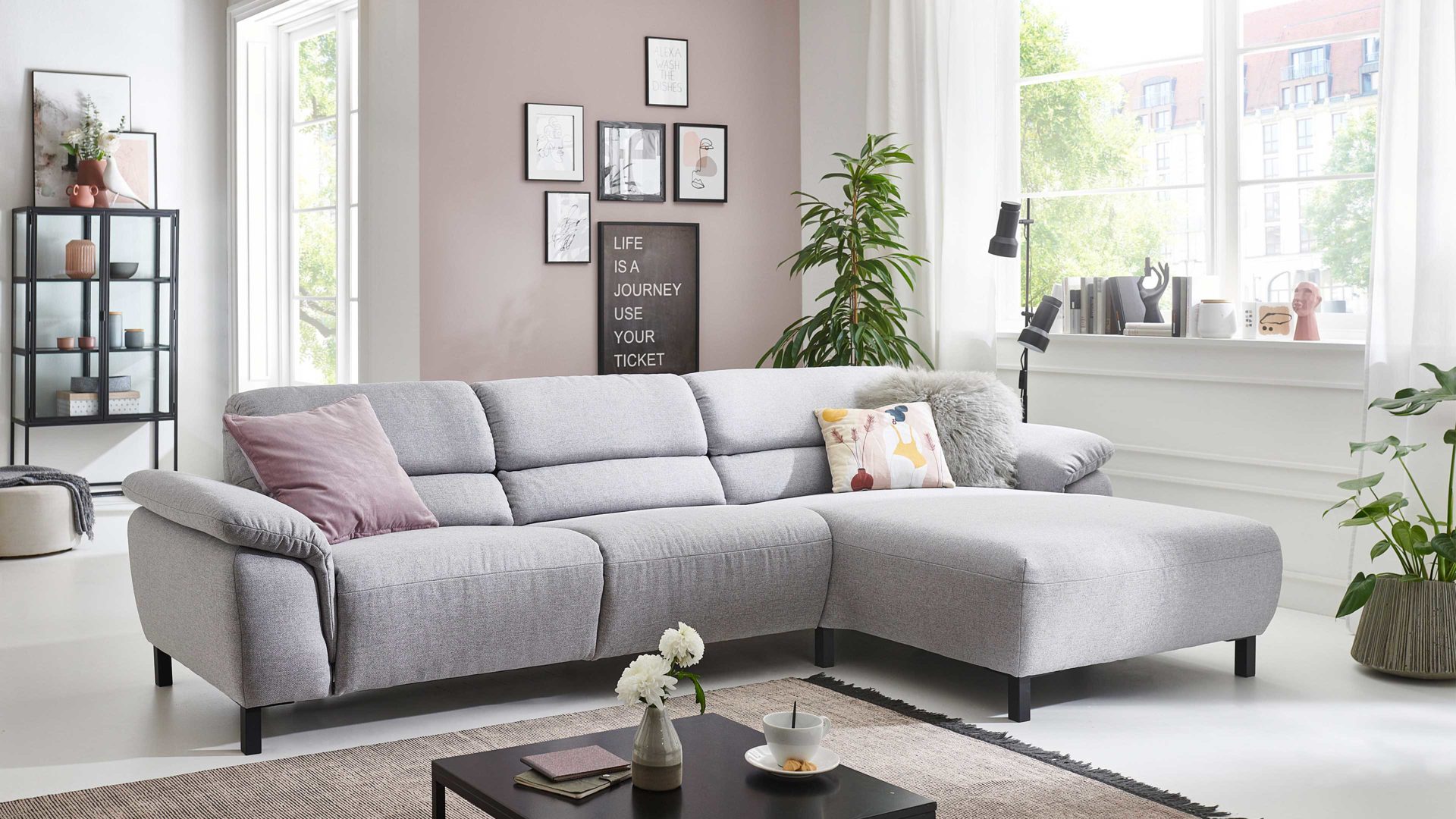Ecksofa COMFORT SMART aus Stoff in Grau COMFORT SMART Roma - Ecksofa steinfarbenes Flachgewebe Picasso & Metallfüße - Stellfläche ca. 303 x 170 cm