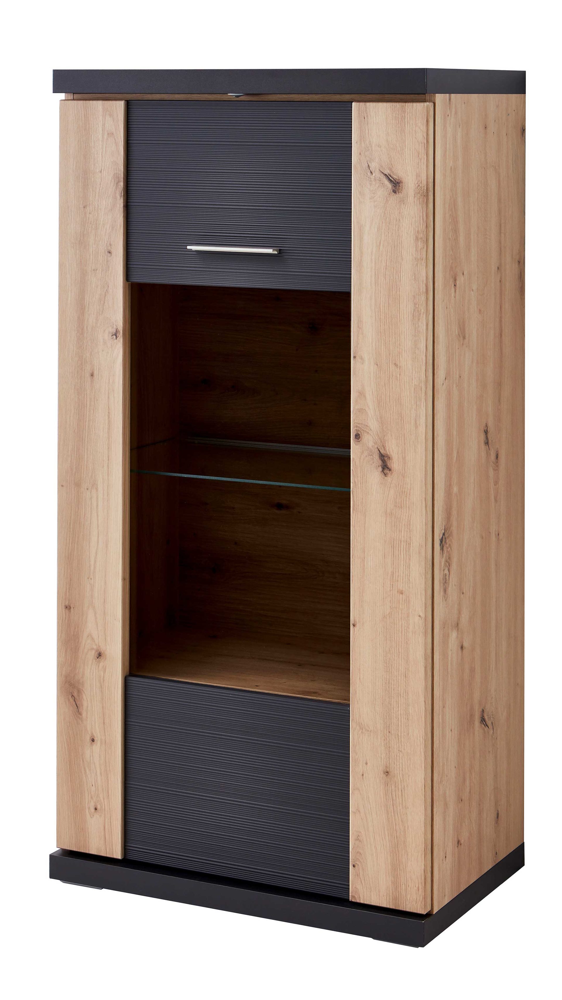Vitrine Ideal möbel aus Holz in Dunkelgrau Highboard-Vitrine Manhattan Grau & Eiche Artisan – eine  Tür,  links