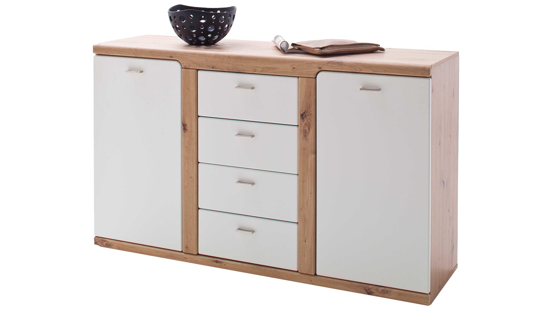 Sideboard Mca furniture aus Holz in Weiß Garderoben-Sideboard Torino Weiß & Balkeneiche Kunststoffoberflächen – zwei Türen, vier Schubladen