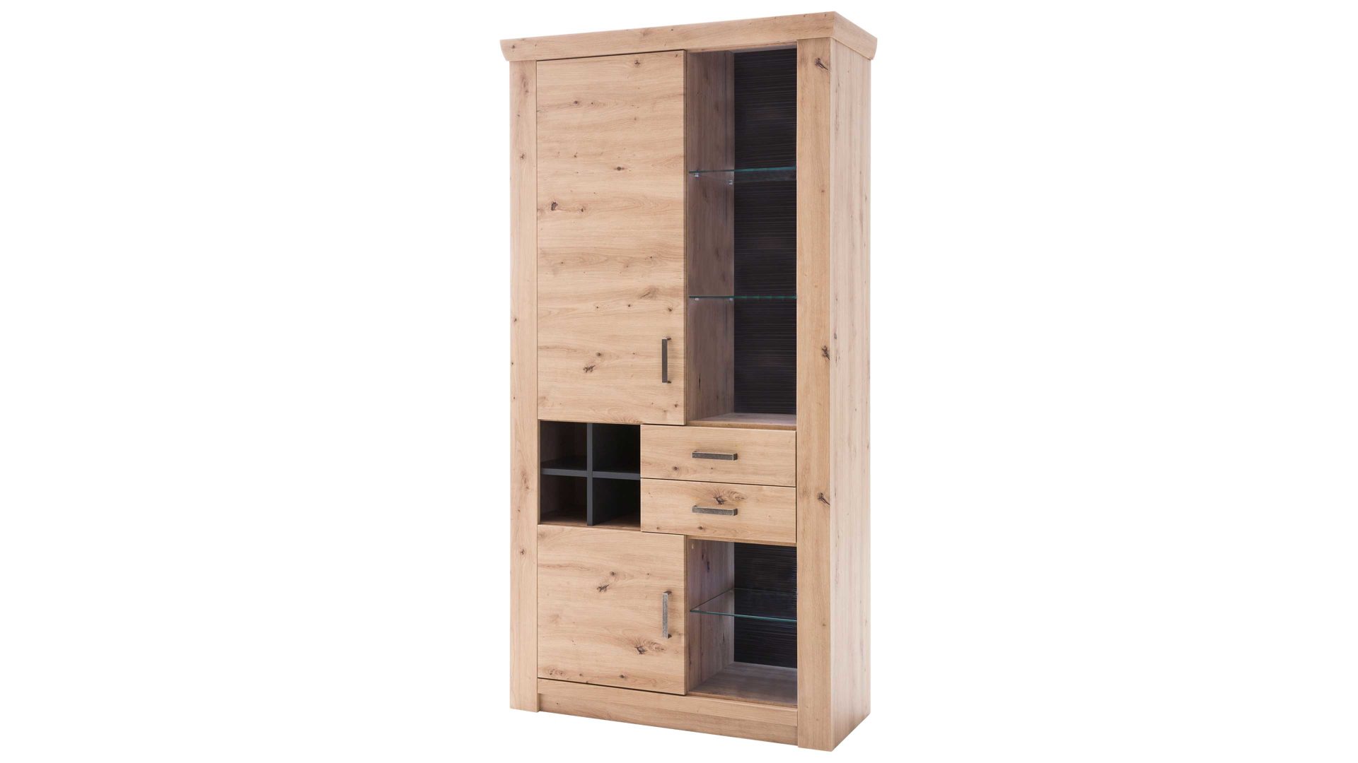 Vitrine Mca furniture aus Holz in Holzfarben Wohnprogramm Meran - Vitrine Balkeneiche & Anthrazit – zwei Türen, zwei Schubladen, Breite ca. 110 cm