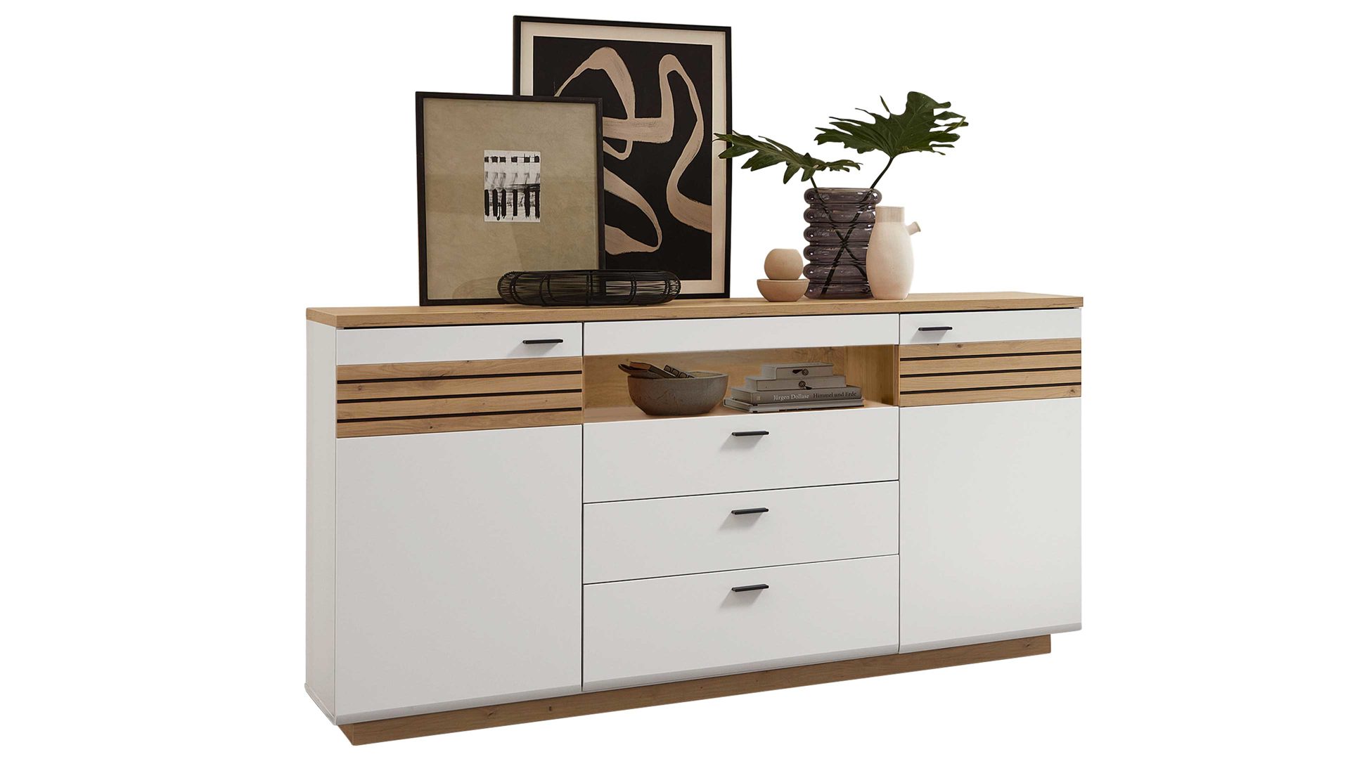 Sideboard MIVIVO® aus Holz in Weiß MIVIVO® Wohnprogramm Fresno - Sideboard Mattweiß & Artisan Eiche - zwei Türen, drei Schubladen, Breite ca. 175 cm