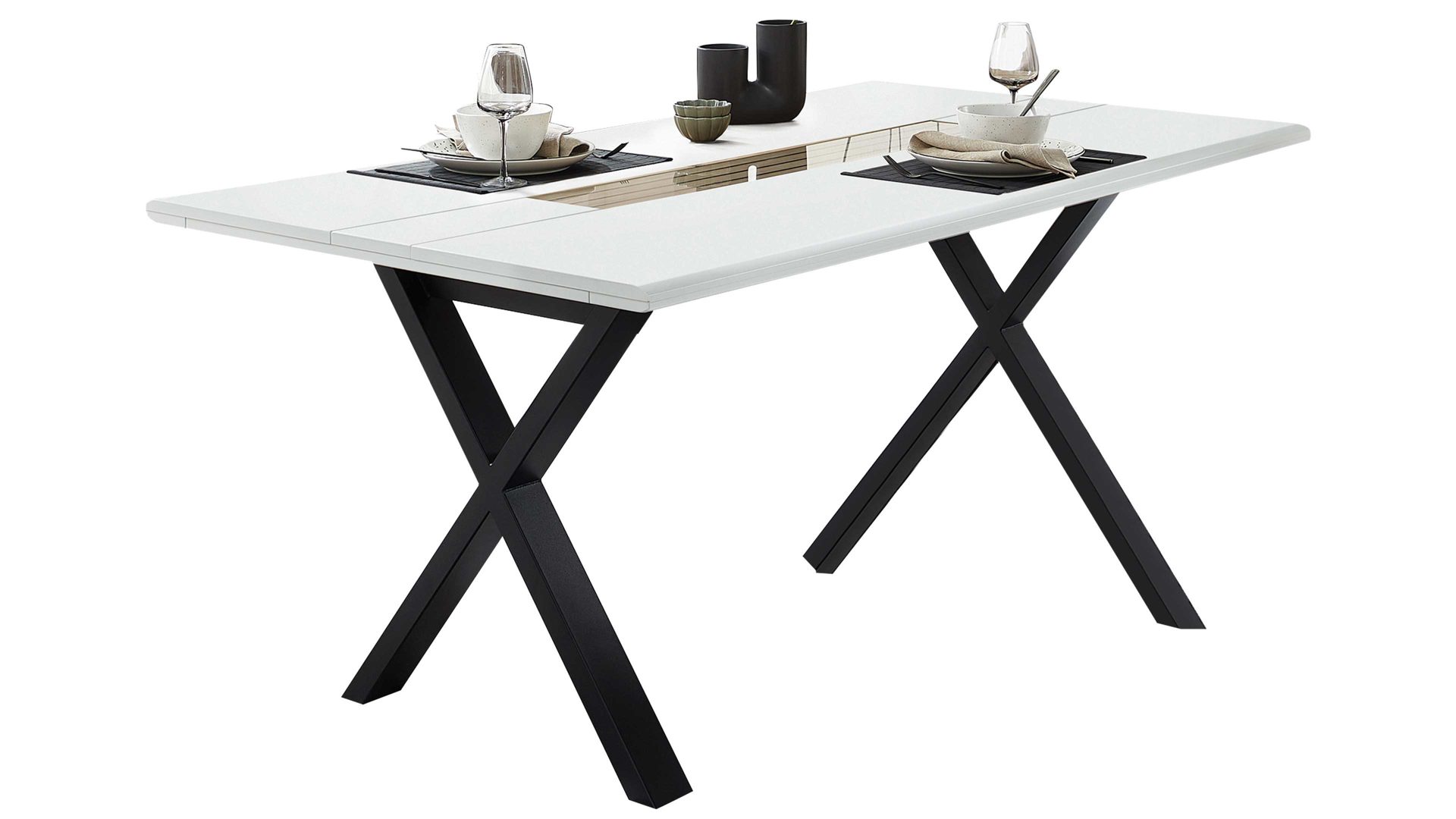 Esstisch MIVIVO® aus Holz in Weiß MIVIVO® Wohnprogramm Fresno - Esstisch mit X-Gestell Mattweiß & schwarzes Metall - ca. 180 x 100 cm