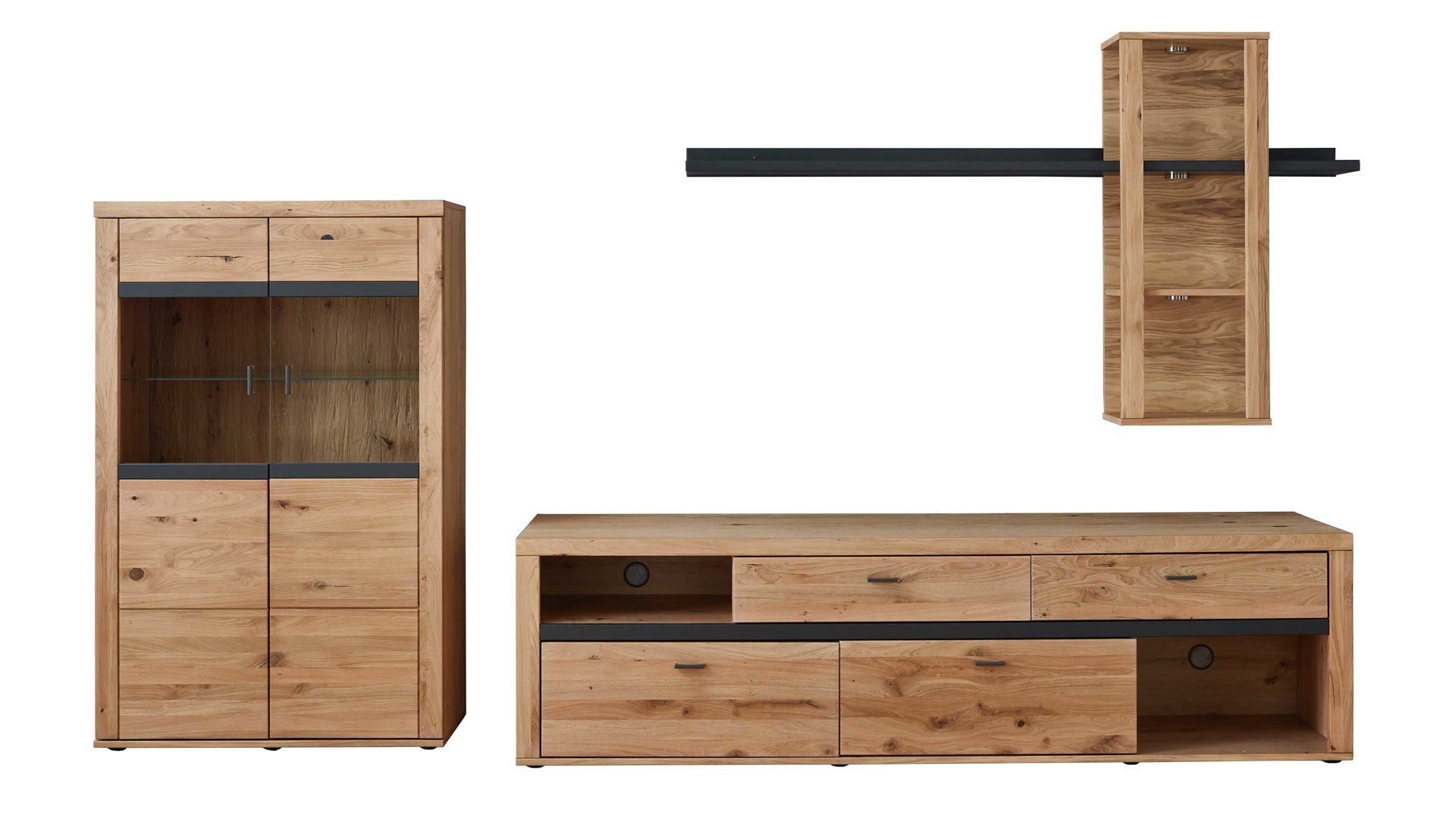 Wohnwand Ideal möbel aus Holz in Holzfarben Wohnprogramm Varas - Wohnwand Eiche & Asteiche & Grau