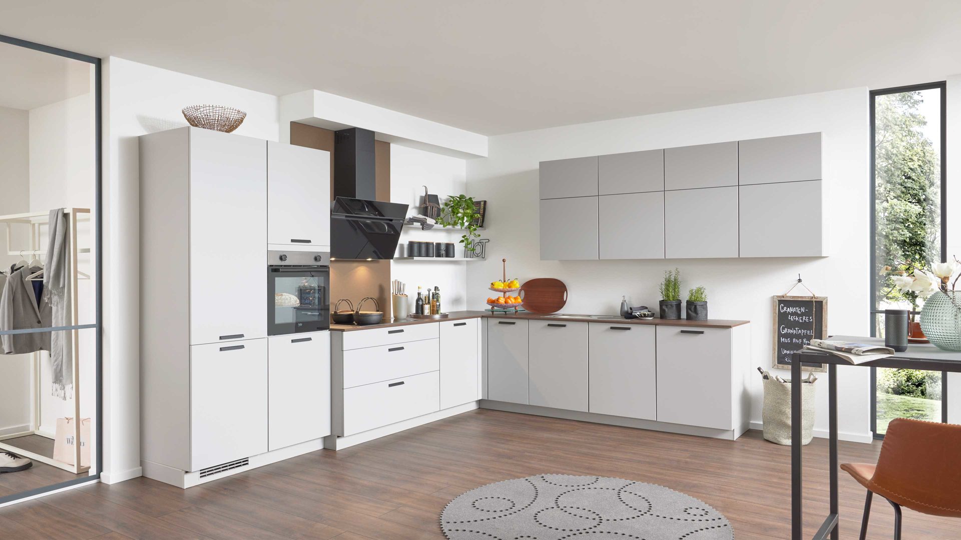 Einbauküche culineo® aus Holz in Hellgrau Culineo® Einbauküche C317 mit beko Einbaugeräten Steingrau & Eiche Sierra - Stellfläche ca. 365 x 363 cm