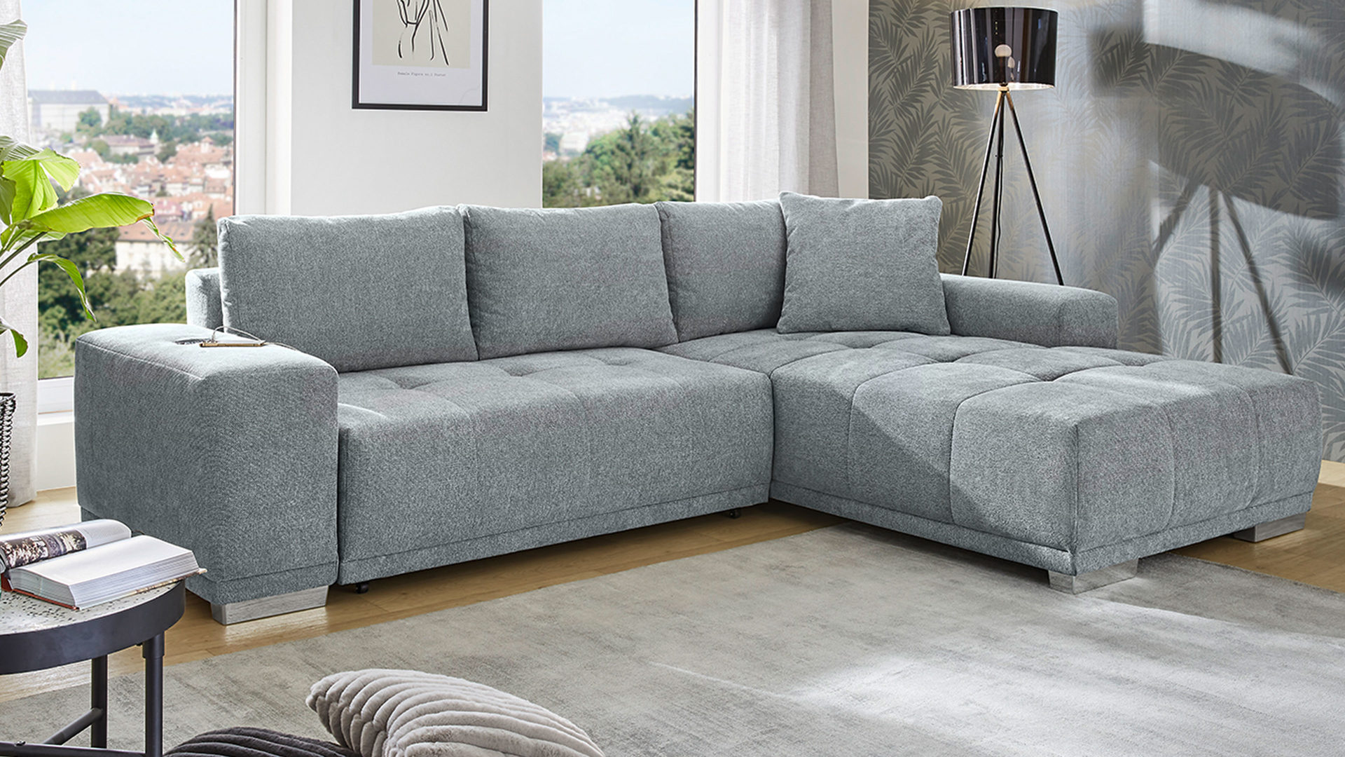 Ecksofa Job aus Stoff in Grau Funktions-Ecksofa Luciano mittelgrauer Strukturstoff 430.09 – Stellfläche ca. 282 x 204 cm