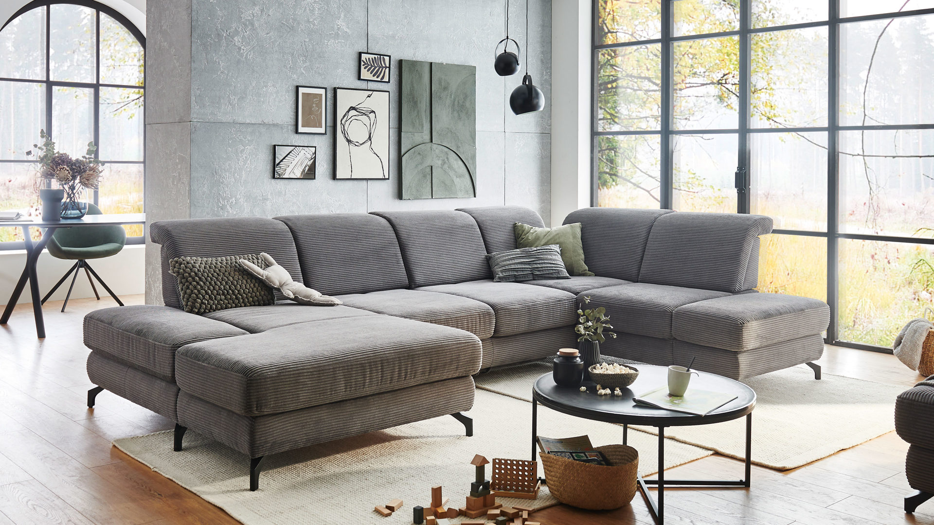 Ecksofa KAWOO aus Stoff in Grau KAWOO Polsterprogramm Manitoba Cord - Wohnlandschaft grauer Breitcord Lincoln 90 & schwarze Metallfüße - Stellfläche ca. 346 x 226 cm