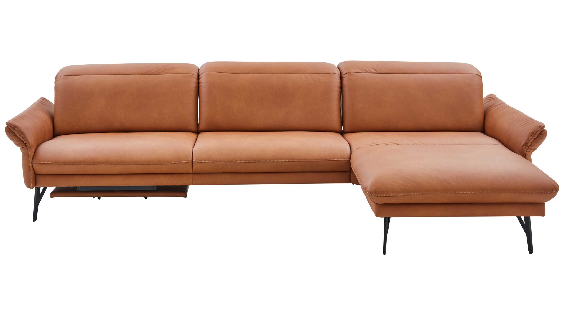 Ecksofa Himolla aus Leder in Orange himolla Polsterprogramm 1385-Promotion - Ecksofa mit motorischer Funktion brandyfarbenes LongLife-Leder LG24 & anthrazitfarbene Metallfüße - Stellfläche ca. 304 x 175 cm