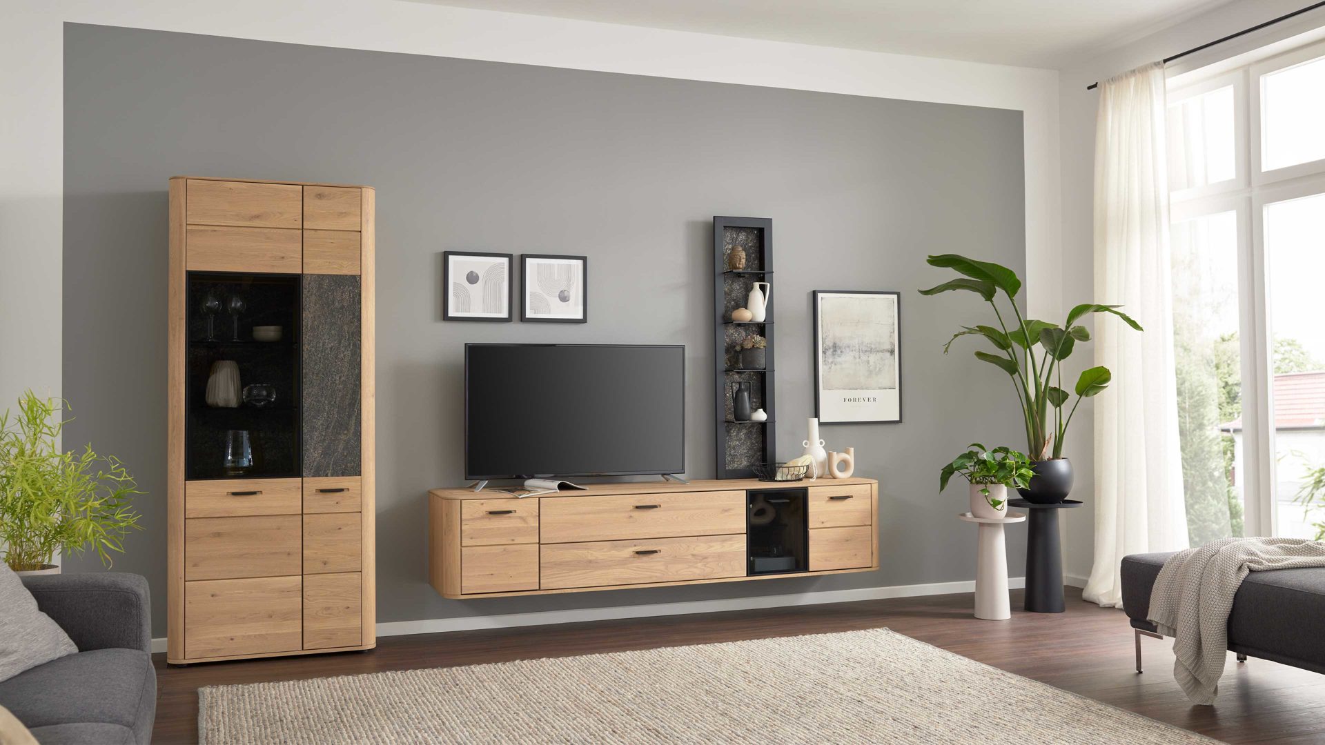 Wohnwand Interliving aus Holz in Holzfarben Interliving Wohnzimmer Serie 2029 - Wohnwand Wildeiche & Granit-Steinoptik - dreiteilig, Breite ca. 320 cm