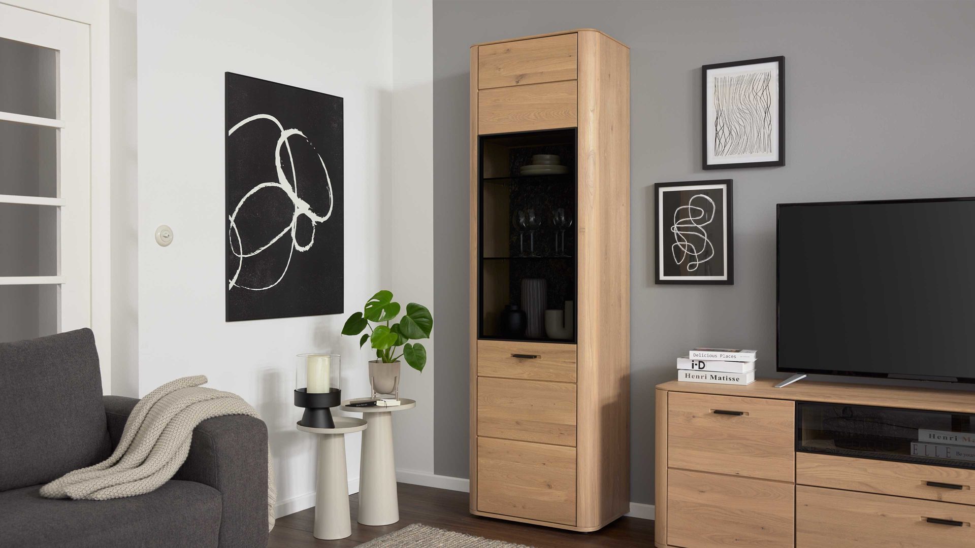 Vitrine Interliving aus Holz in Holzfarben Interliving Wohnzimmer Serie 2029 - Vitrine 01 Wildeiche & Granit-Steinoptik - eine Tür, Breite ca. 60 cm