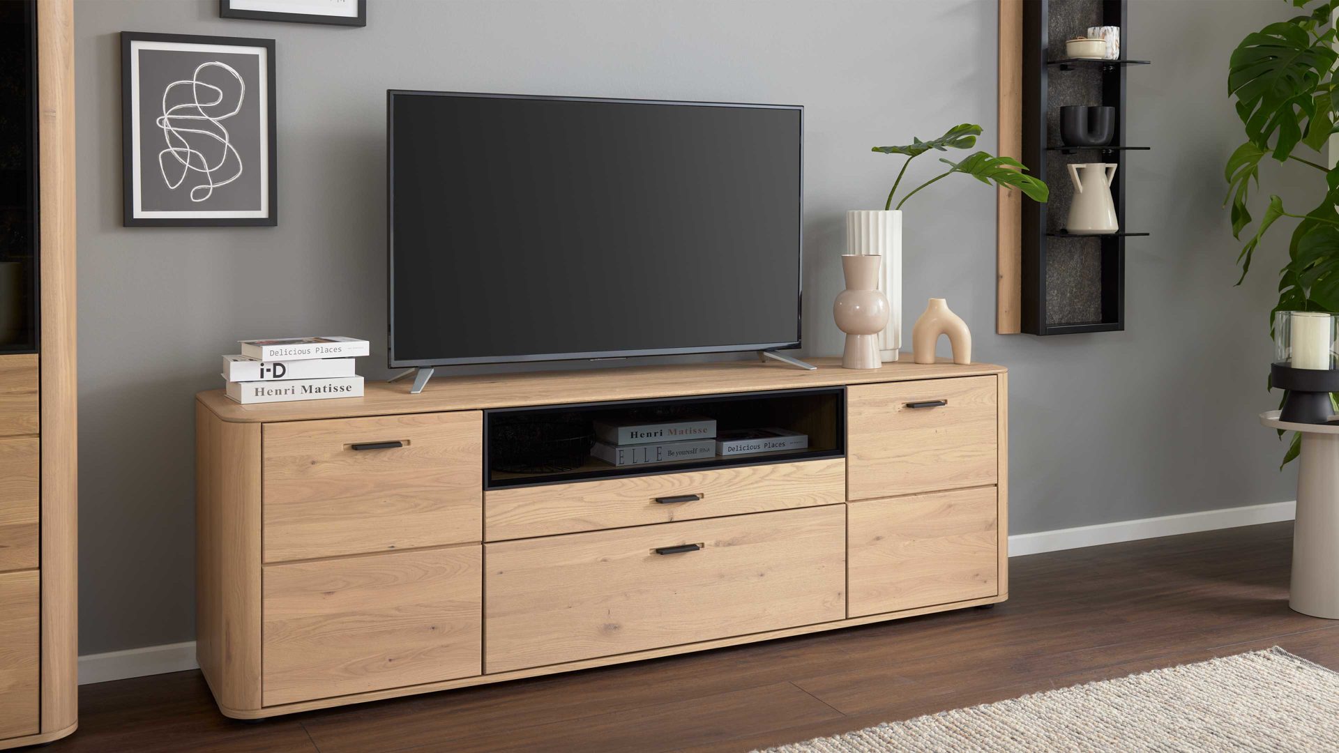 Lowboard Interliving aus Holz in Holzfarben Interliving Wohnzimmer Serie 2029 - Medien-Lowboard 32 Wildeiche & Granit-Steinoptik - zwei Türen, zwei Schubladen, Länge ca. 200 cm