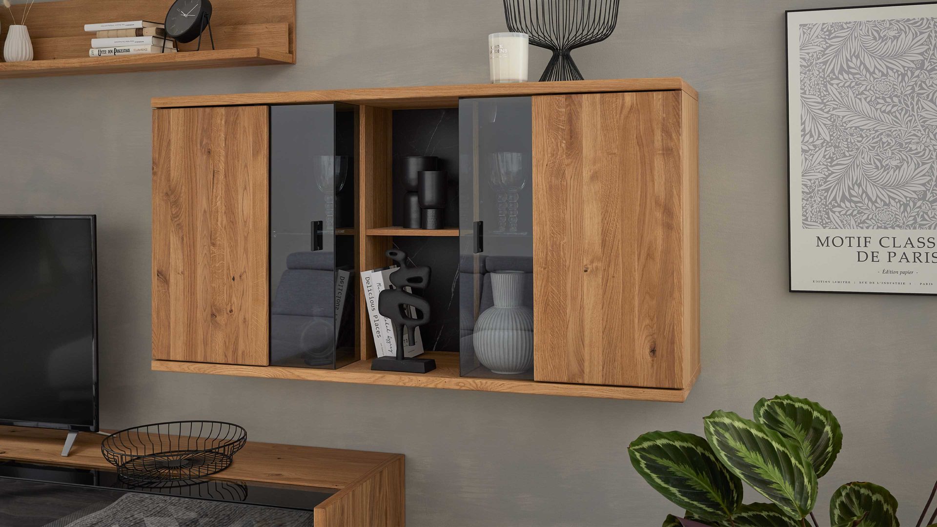 Hängeschrank Interliving aus Holz in Holzfarben Interliving Wohnzimmer Serie 2027 - Hängeschrank Asteiche - zwei Türen, Breite ca. 140 cm