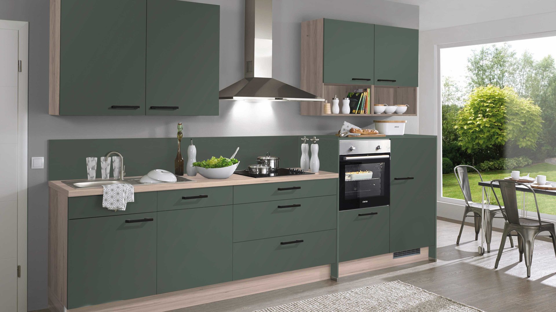 Einbauküche Pino küchen aus Holz in Grün pino Einbauküche inklusive Einbaugeräte Verde & Tanne Clay - Länge ca. 343 cm
